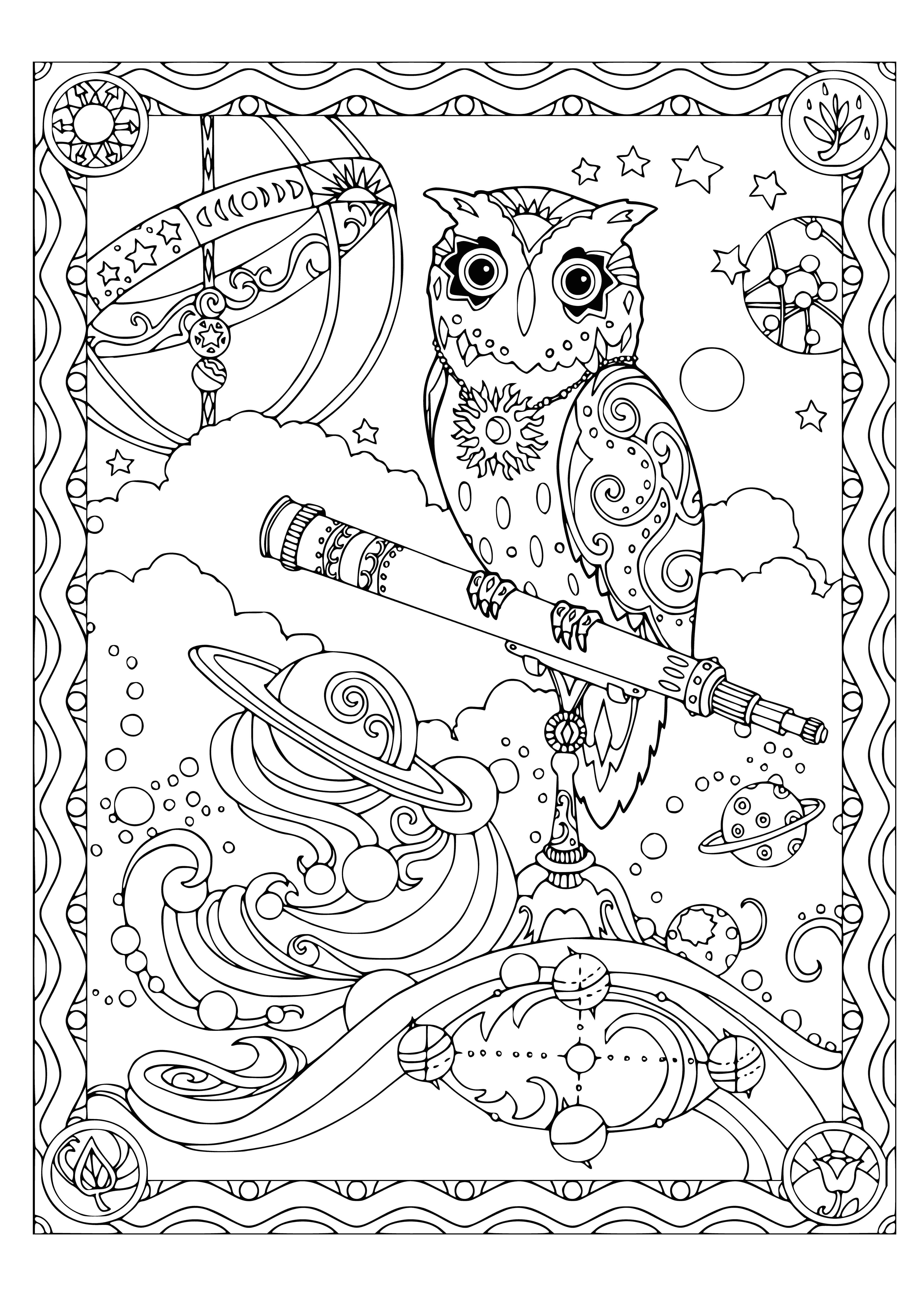 coloring page: Owl looks up at stars through telescope in night sky filled with stars. Owl has calm expression.