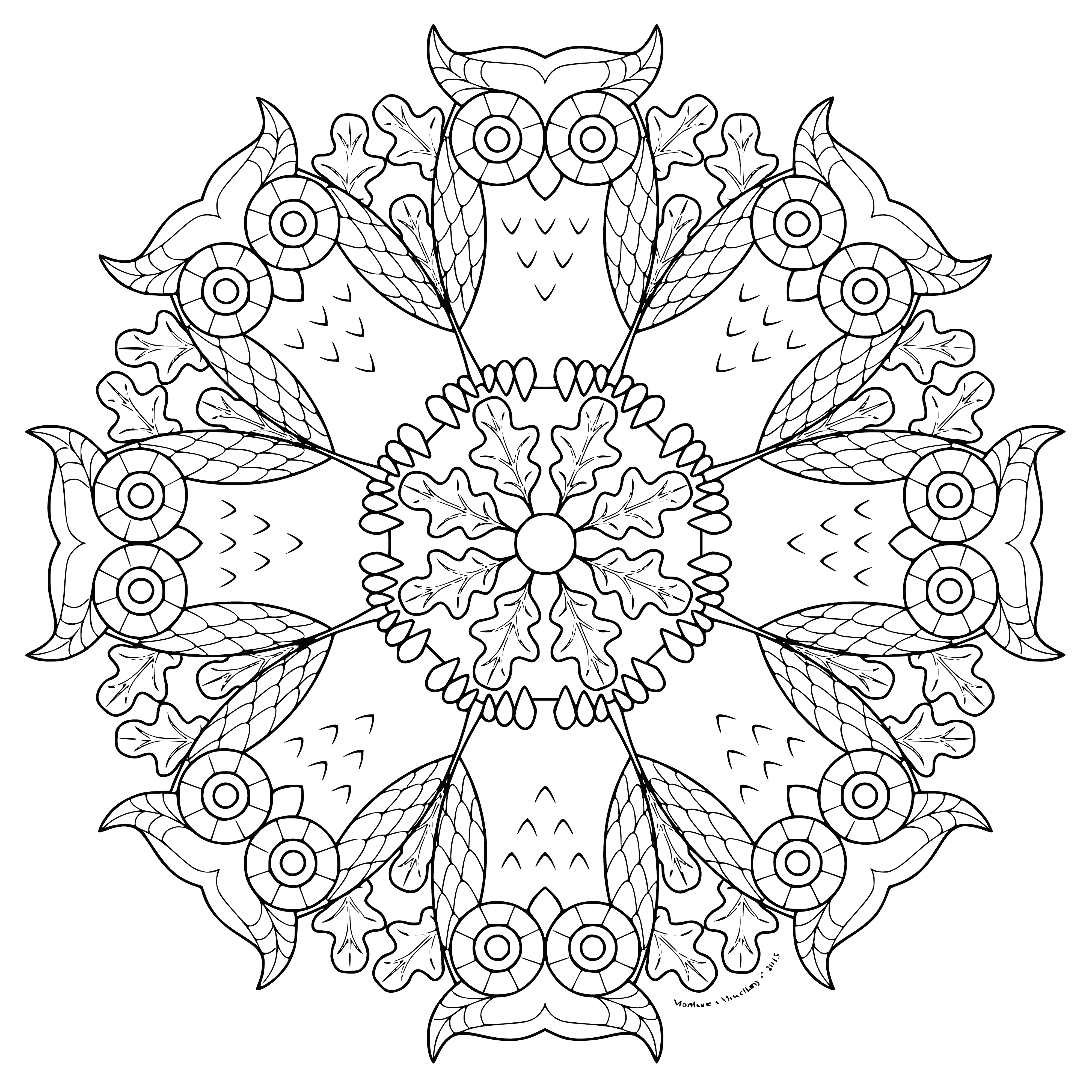 coloring page: Adorable mandala coloring page featuring owls perched on branches, intricate patterns on feathers, and color-filled background.