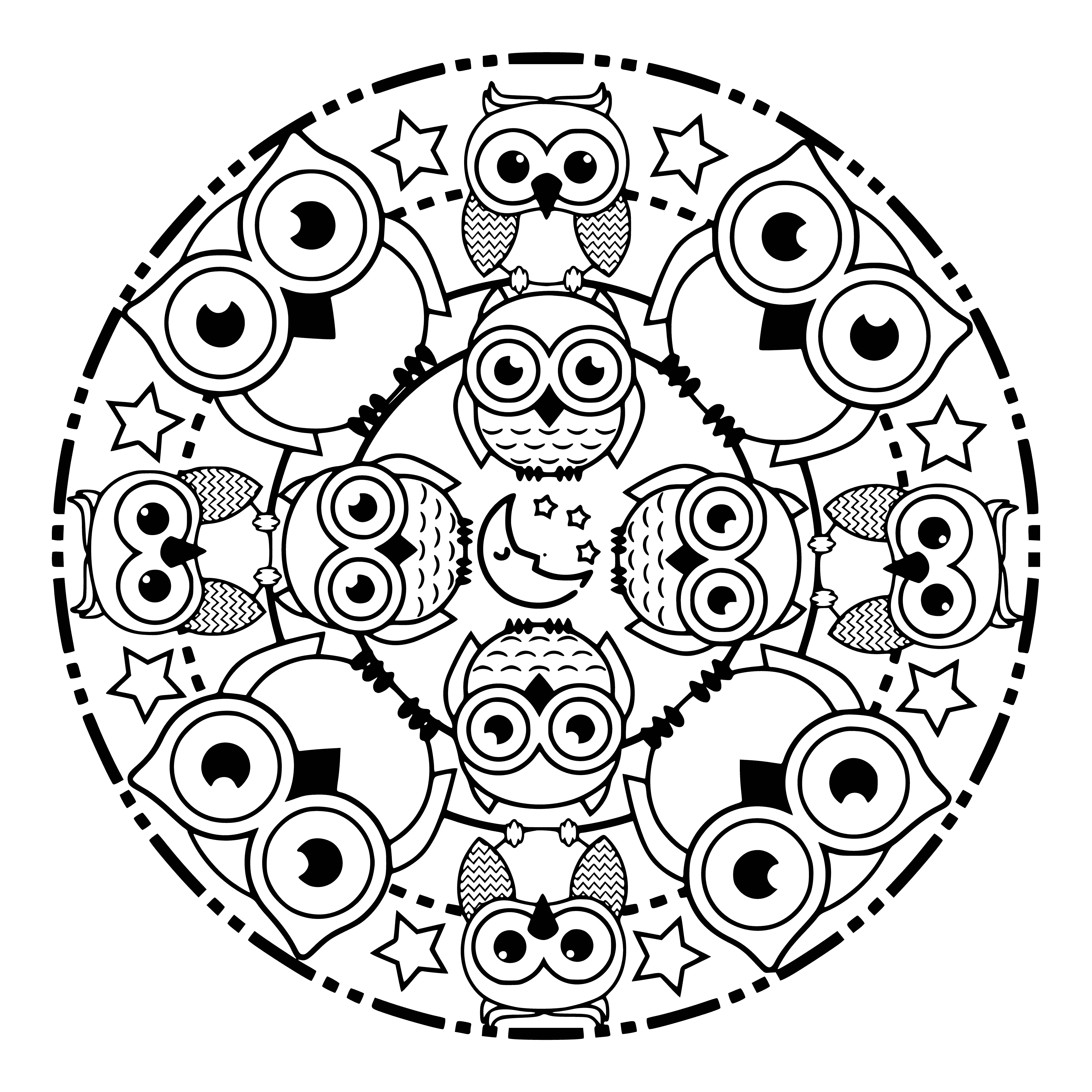 coloring page: Detailed black & white mandala coloring page w/ two large-eyed owls perched atop intricate patterns & swirls.