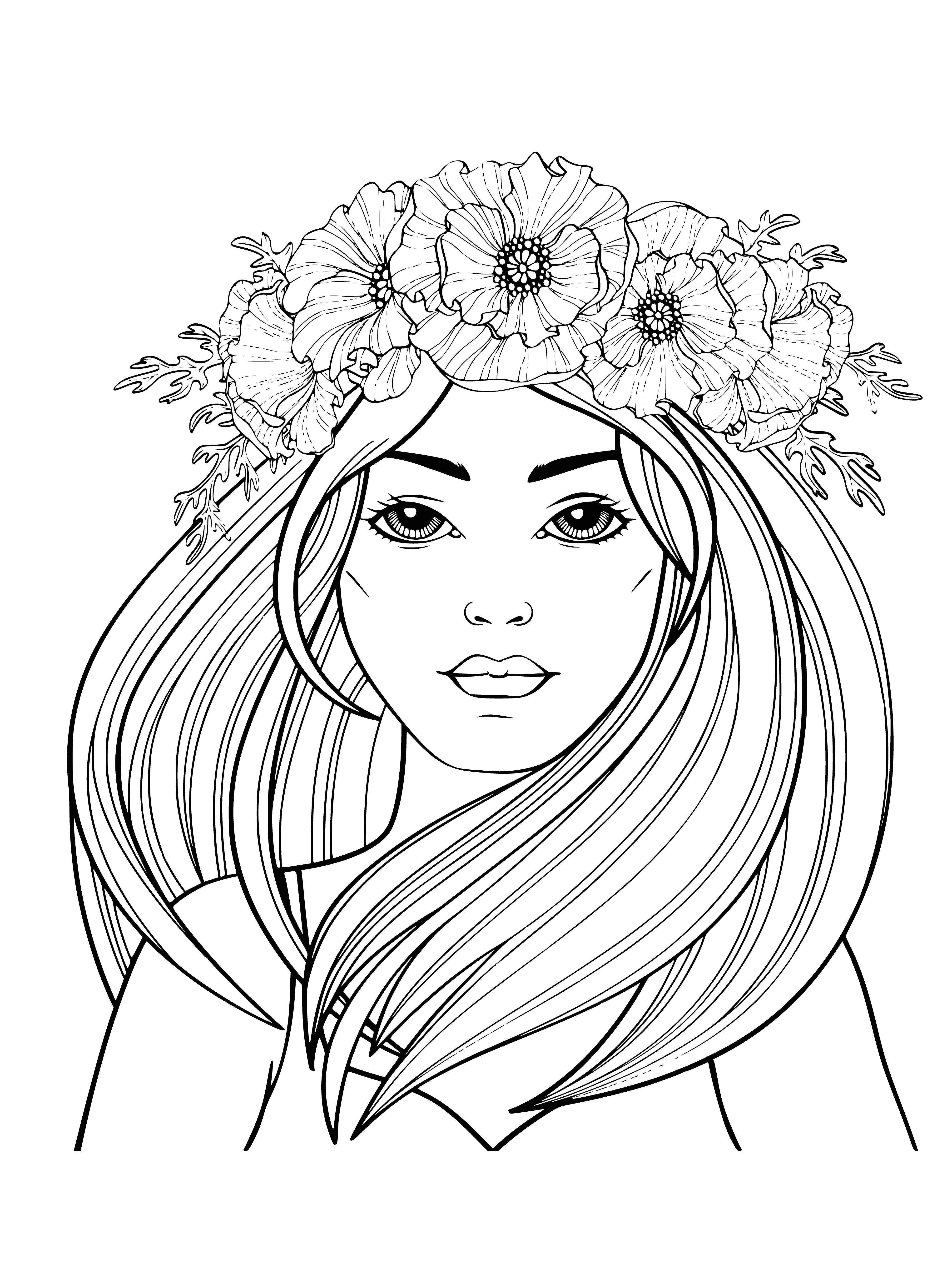 coloring page: Woman w/ long hair & delicate face is surrounded by intricate & detailed wreath of flowers & leaves, giving off peacefulness & beauty.