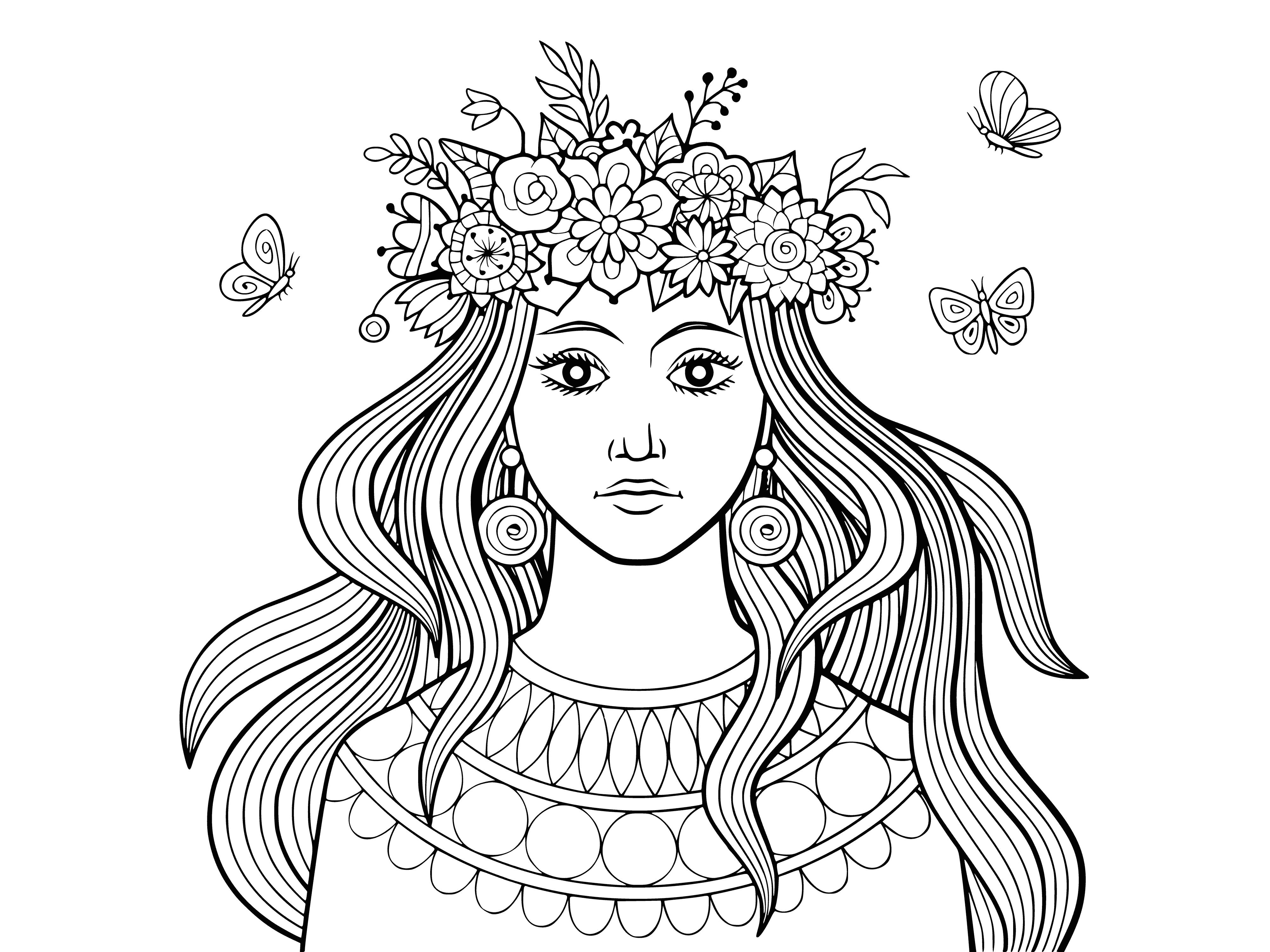 coloring page: Adult coloring page of graceful girl surrounded with flowers & ribbon. Perfect for anyone wanting to de-stress and relax.