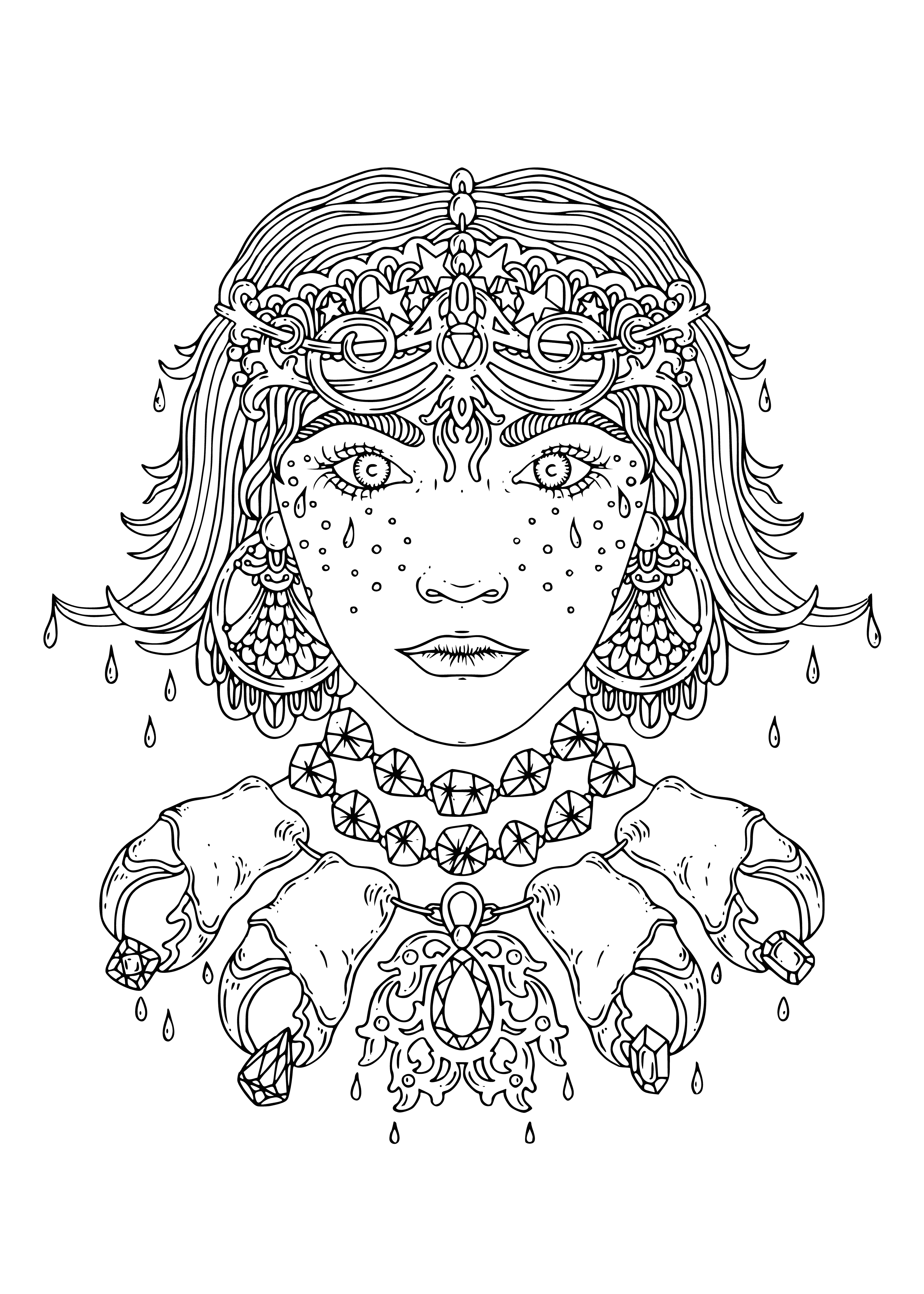 coloring page: Girl in crown of flowers & shells holds conch shell. Surrounded by sea creatures - Adult Coloring Pages Antistress Girls - Sea maiden.