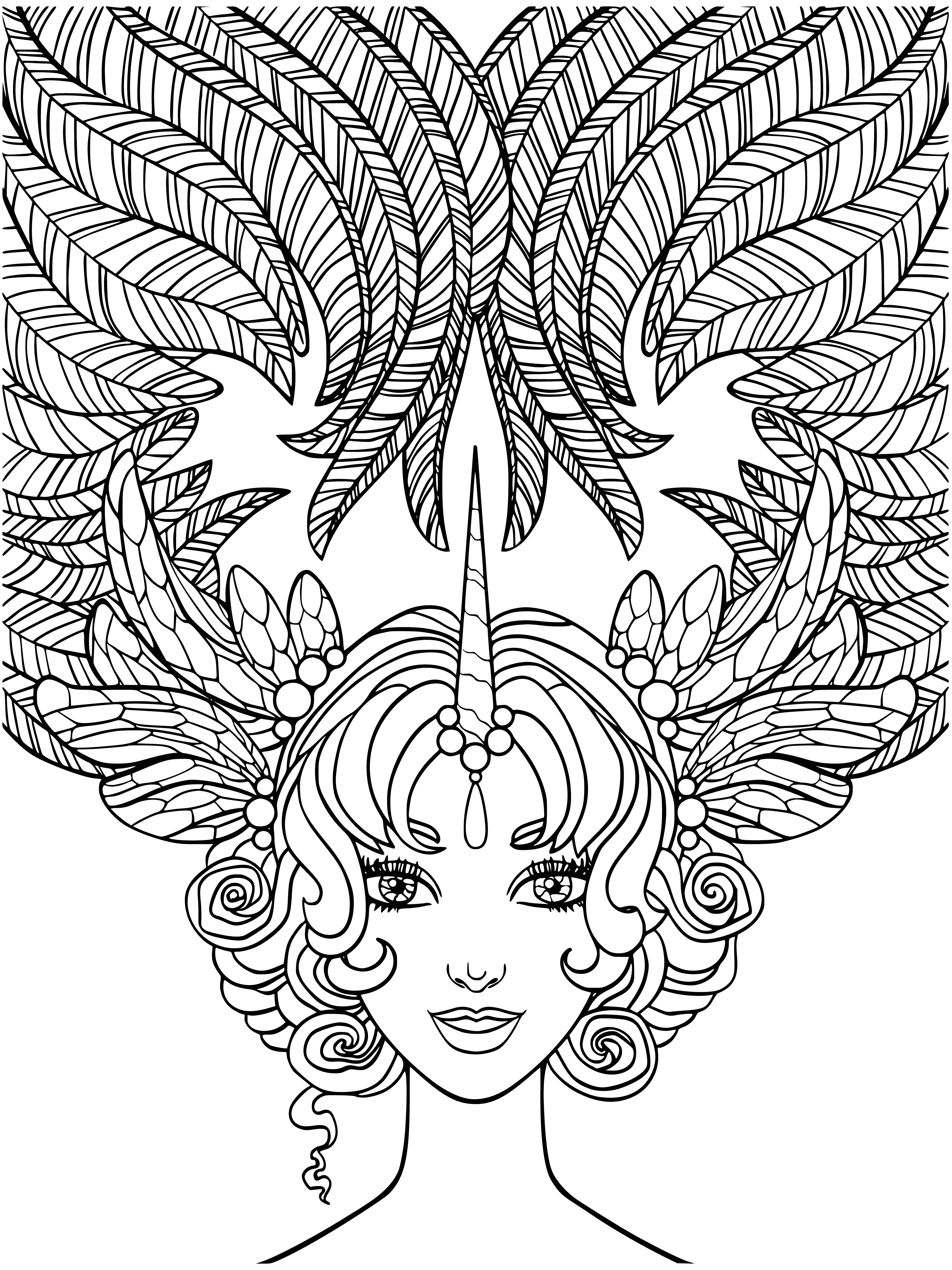 coloring page: Girl holds reins of flying unicorn, its coat shining, horn long & spiraling. Both grinning, she looks very happy.