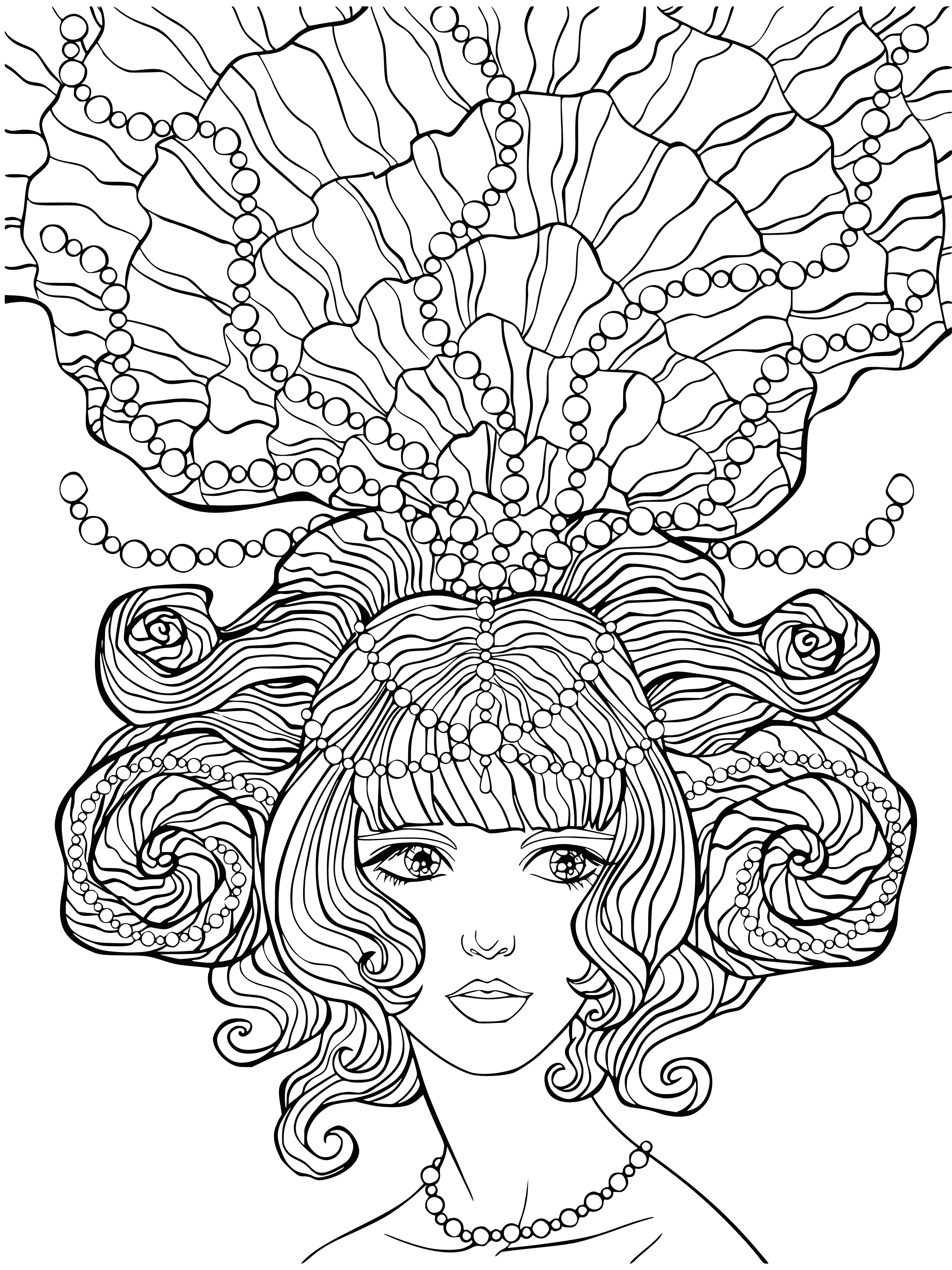 coloring page: Girl stands as a sea princess amidst crashing waves & blue sky with white clouds. Crown on head & flowing dress. Magical scene!