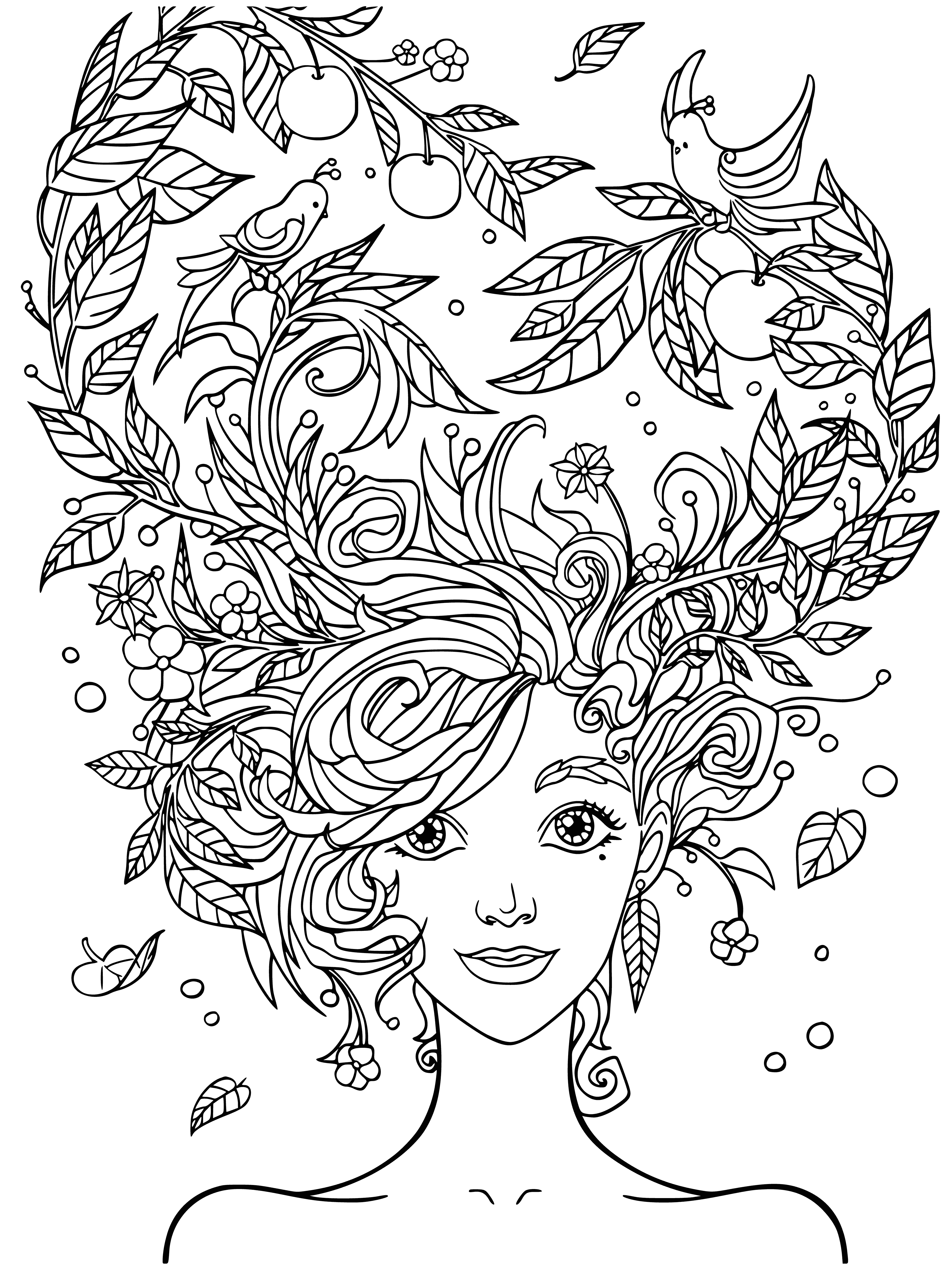 coloring page: Girl in blooming garden smiles cheerfully among flowers of all colors, surrounded by green field.