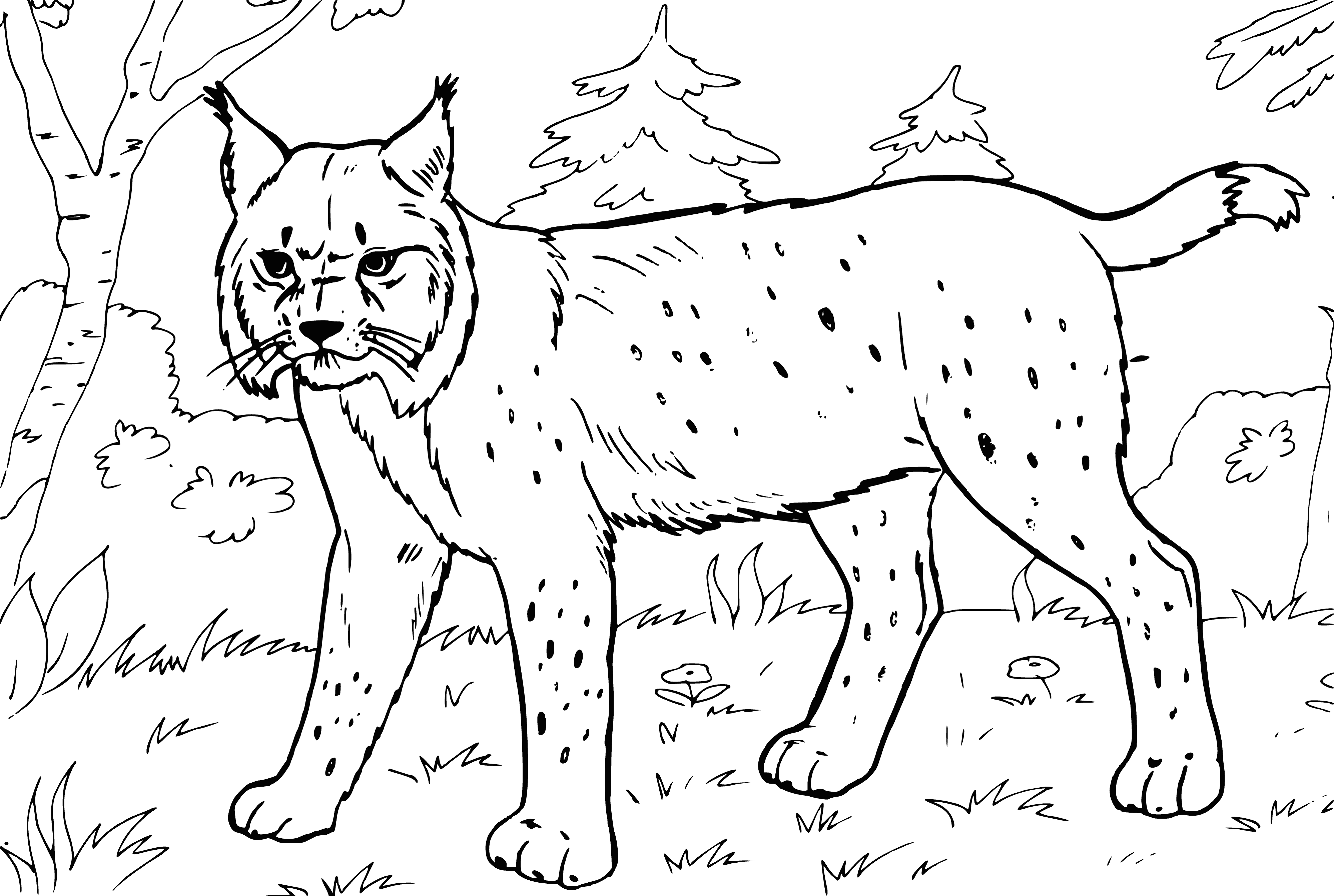 coloring page: Coloring page of a lynx with white fur, brown spots, pointy ears, tufted cheeks and sharp claws. #Wildlife #Coloring #Lynx
