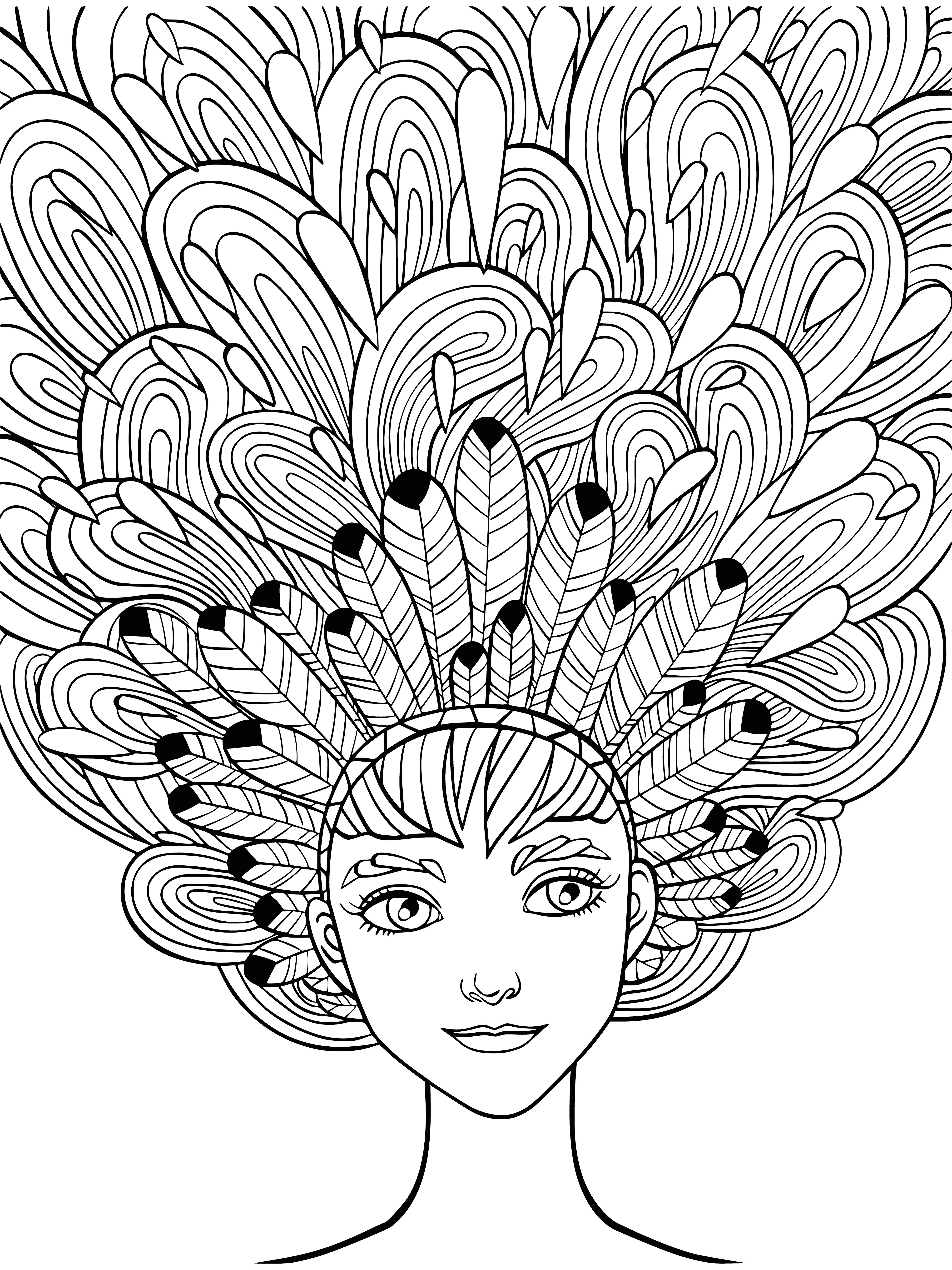 coloring page: A girl in a firebird costume soars above a cityscape, streams of hair and cape flapping, ready for any adventure.