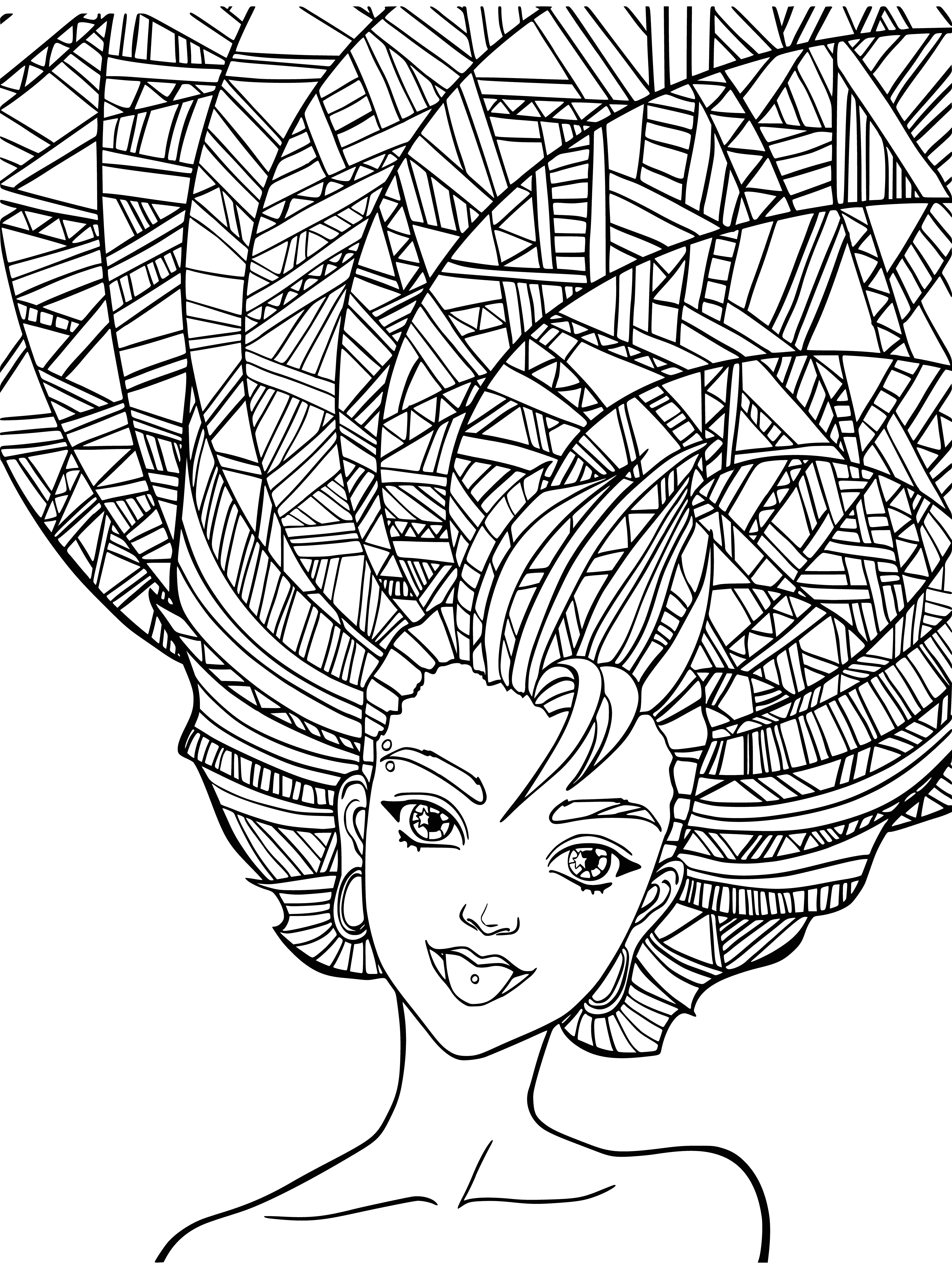 coloring page: Girl has unique hair style: vibrant colors, intricate updo, flowers tucked into hair. Relaxed & happy.