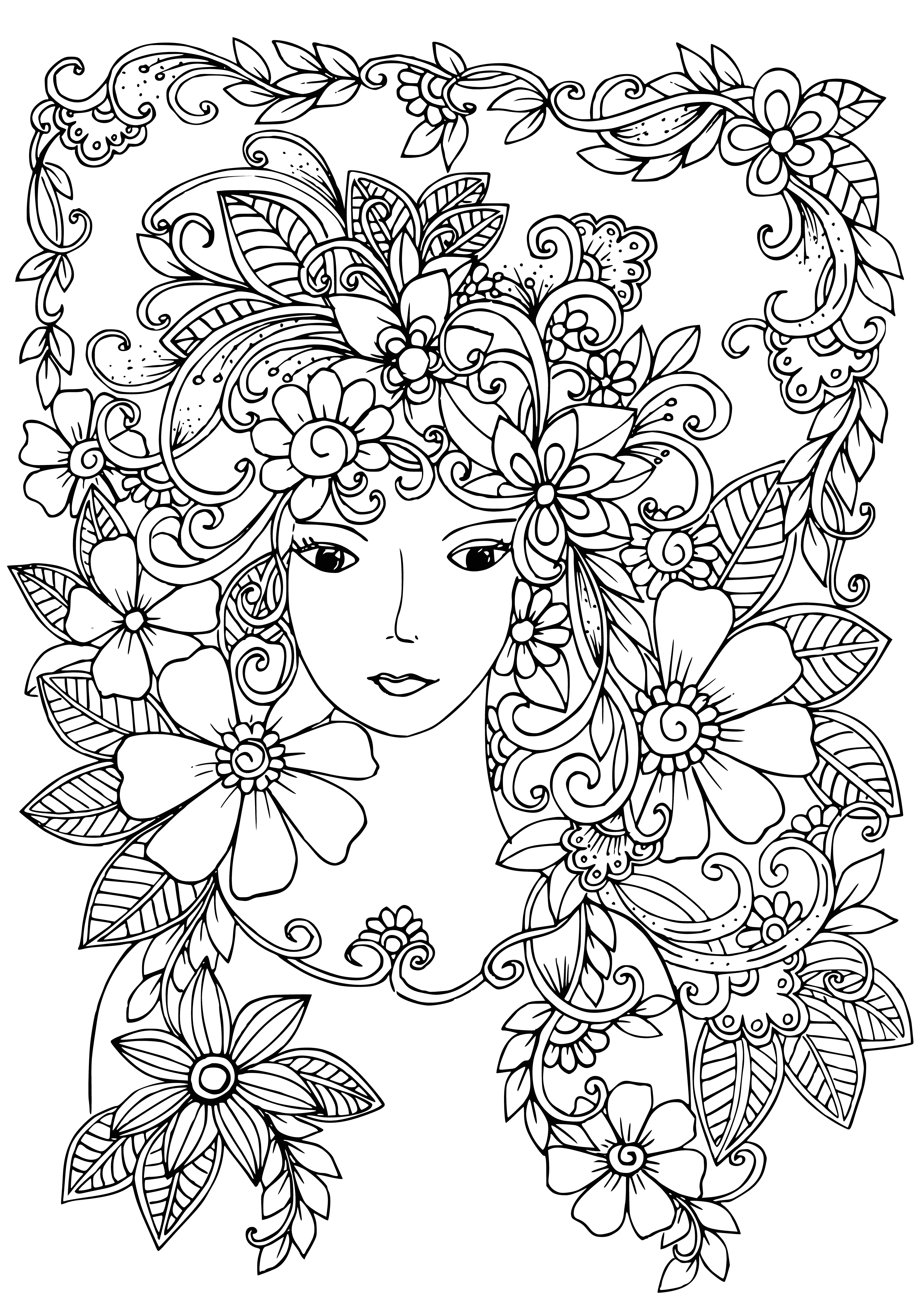 coloring page: Girl stands in a field of flowers, wearing a dress with a bow in hair. Holding a basket of flowers.