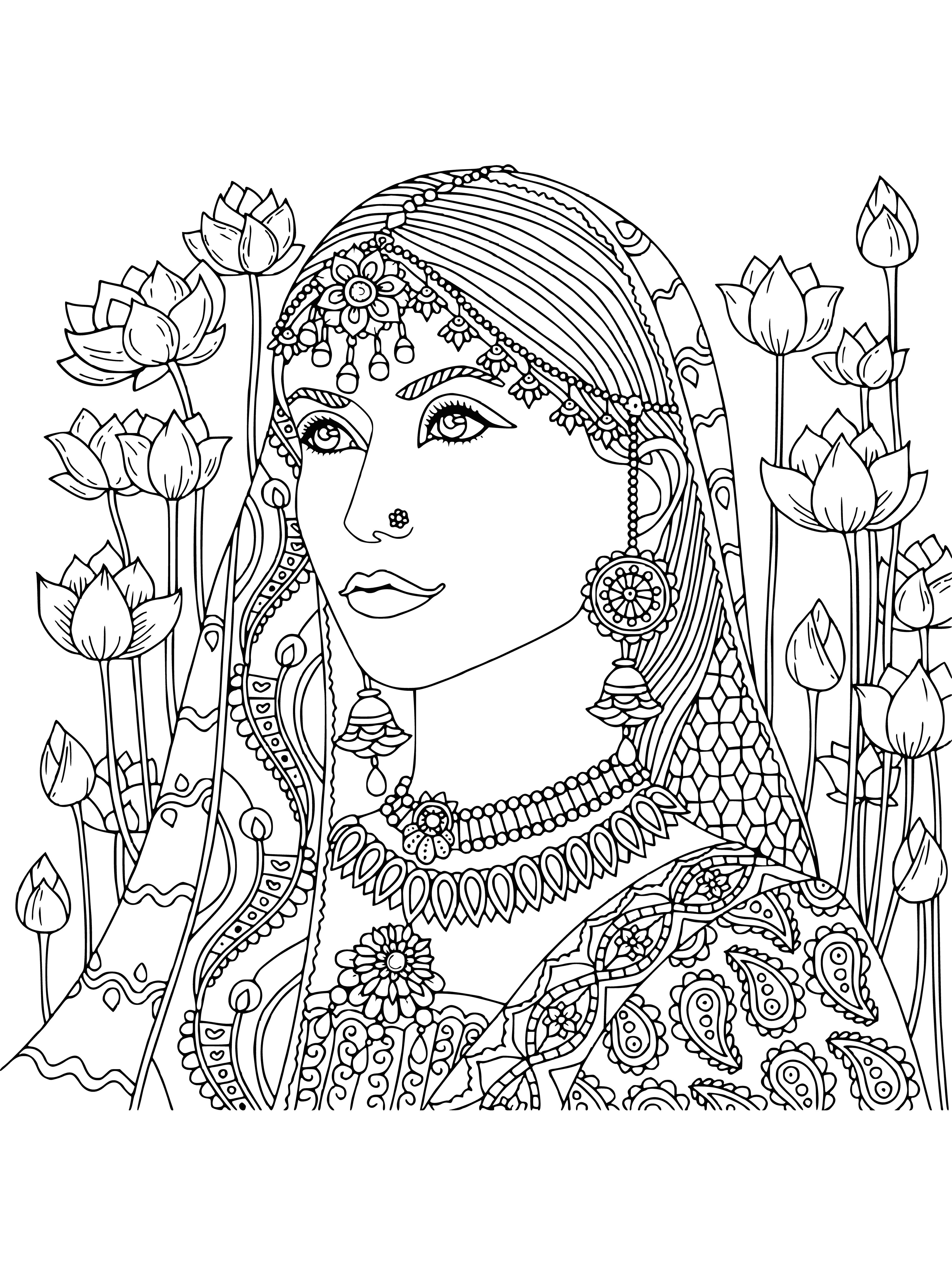 coloring page: Two happy girls in Indian outfits sit beneath a tree. One reads a book while the other rests with eyes closed.