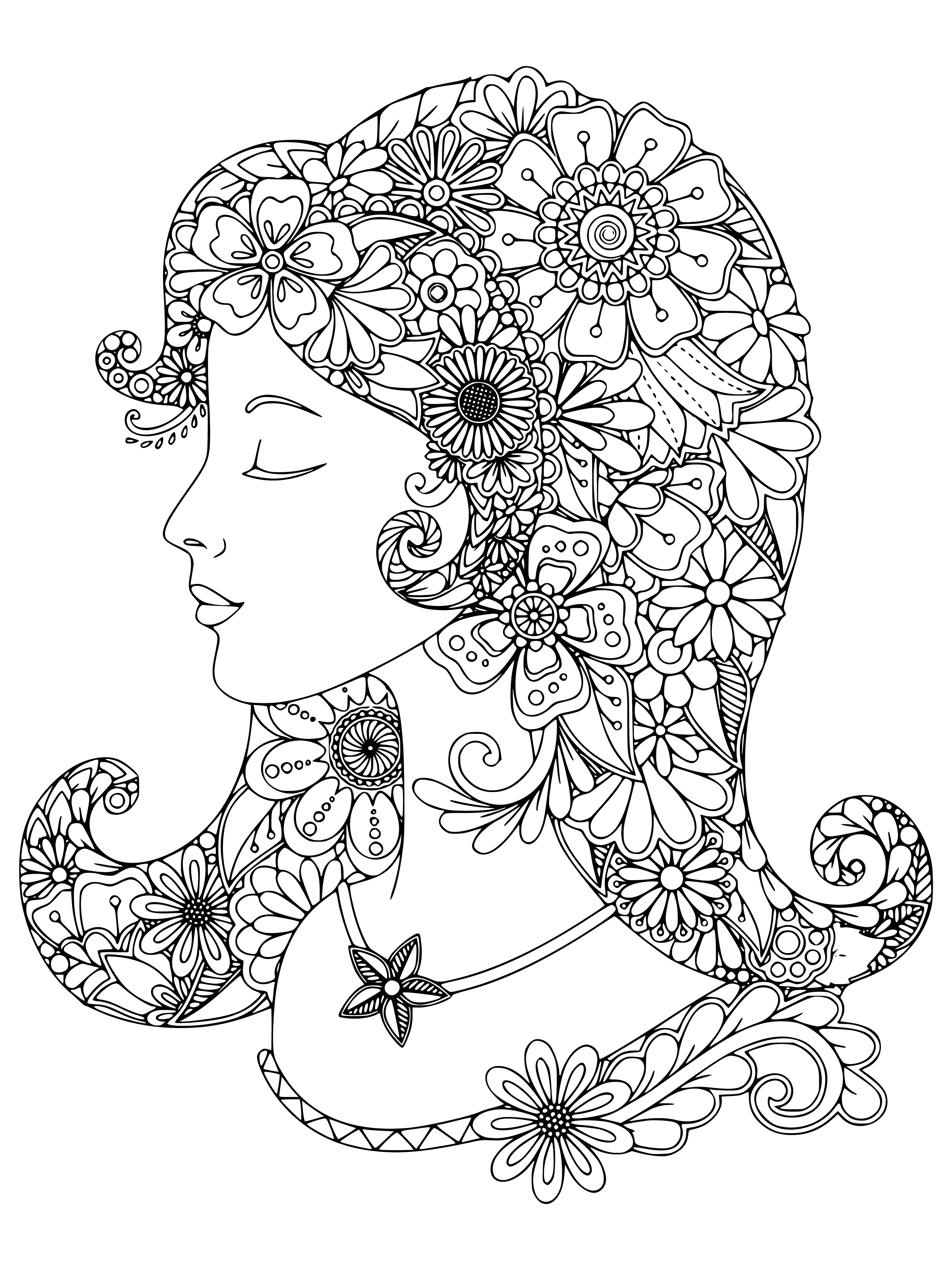 coloring page: Young woman basks in beauty of nature, hair blowing in wind, surrounded by butterflies.