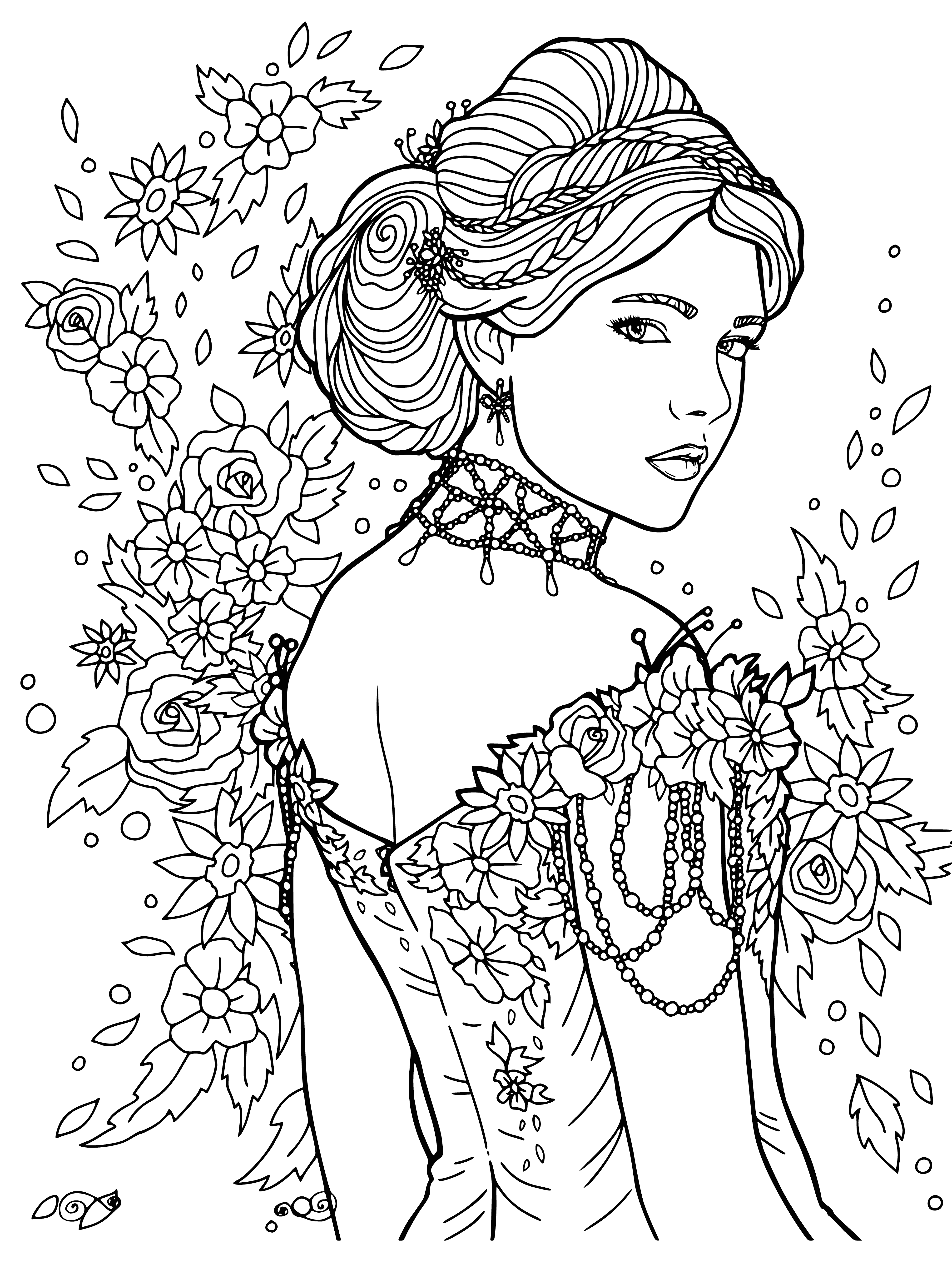 coloring page: Young woman enjoys quiet moment, creating beautiful, intricate patterns with her coloring book. She's filled pages with colorful designs and taken great care with her work.