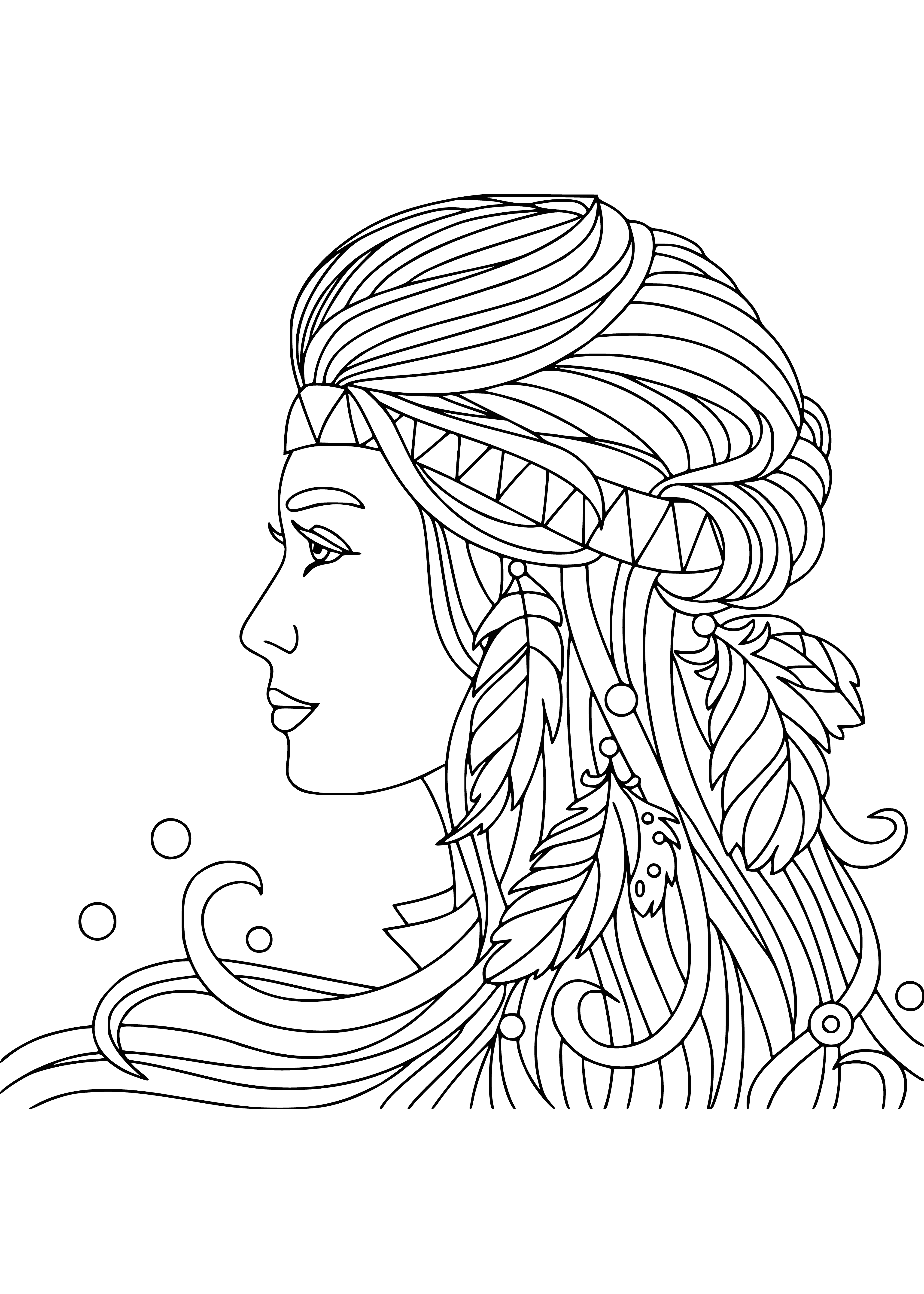 coloring page: Smiling woman enjoys a cup of coffee & coloring in her book, pencil in hand. A coloring page of peace & contentment.