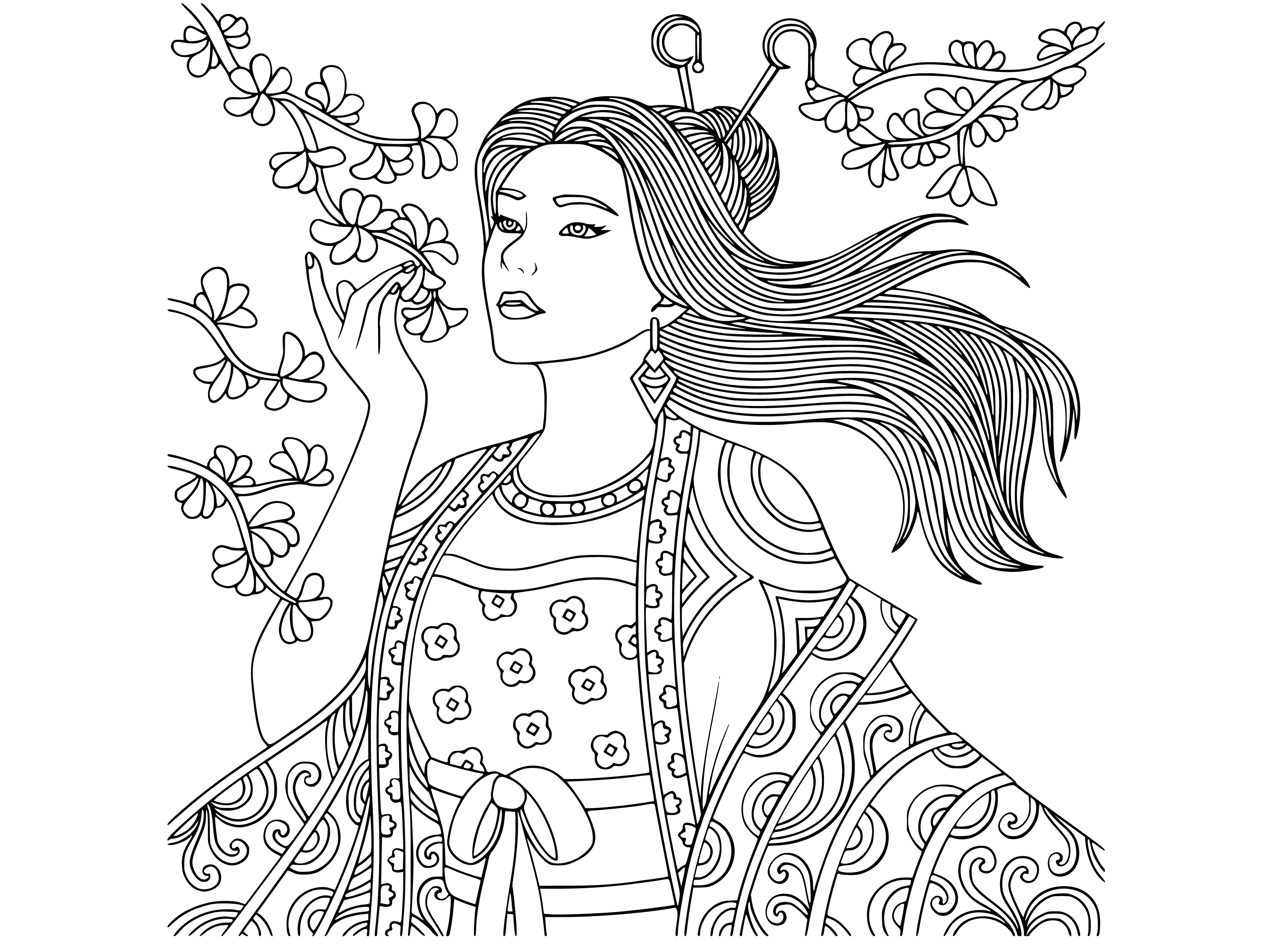 coloring page: 2 girls with dark hair in a coloring page, one standing, one sitting, eyes closed surrounded by flowers.
