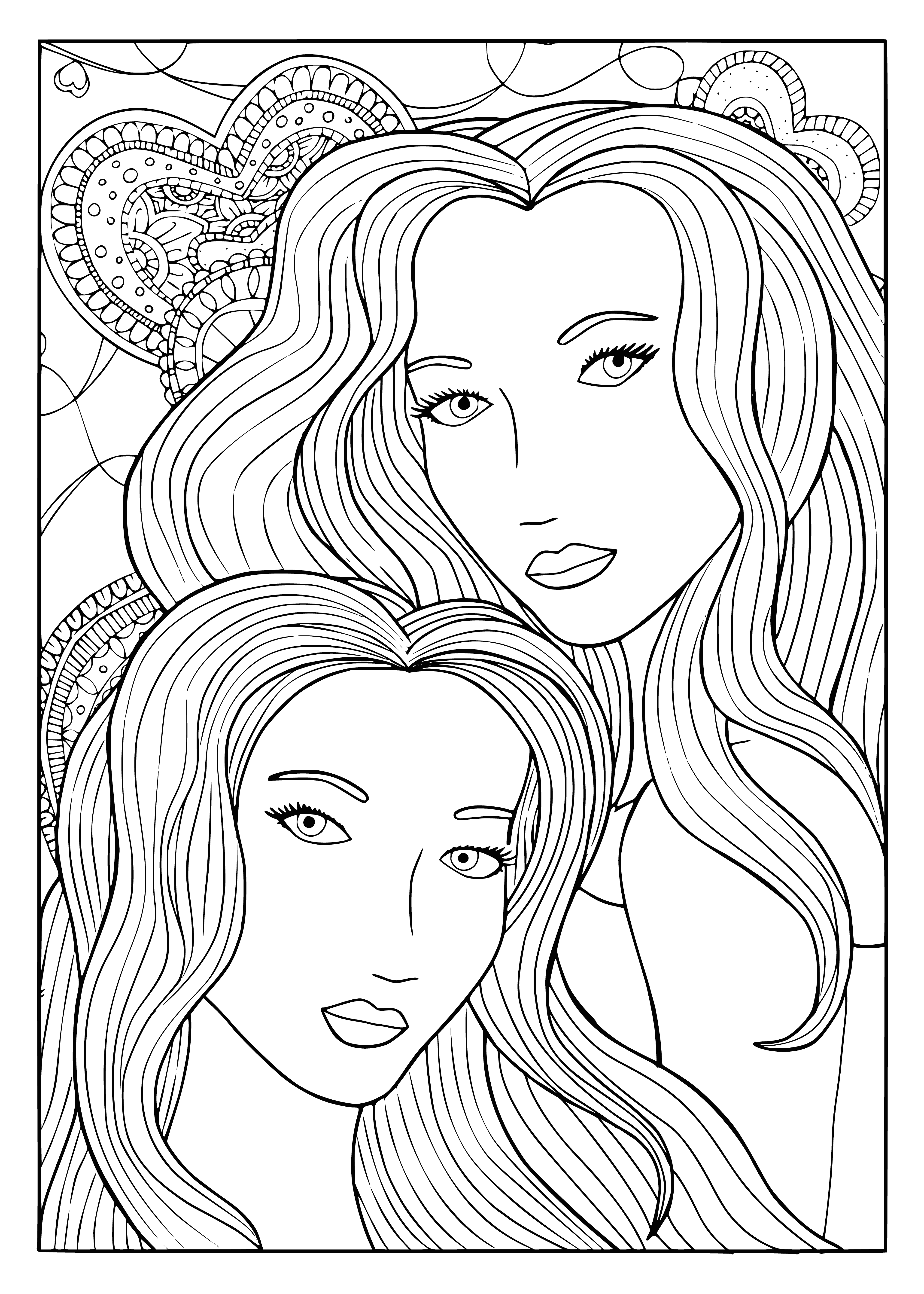 coloring page: Two girls stand arm-in-arm, their faces smiling in front of a brick wall. One wears a white floral dress, one pink. Both have flowing hair in the wind. #friendship