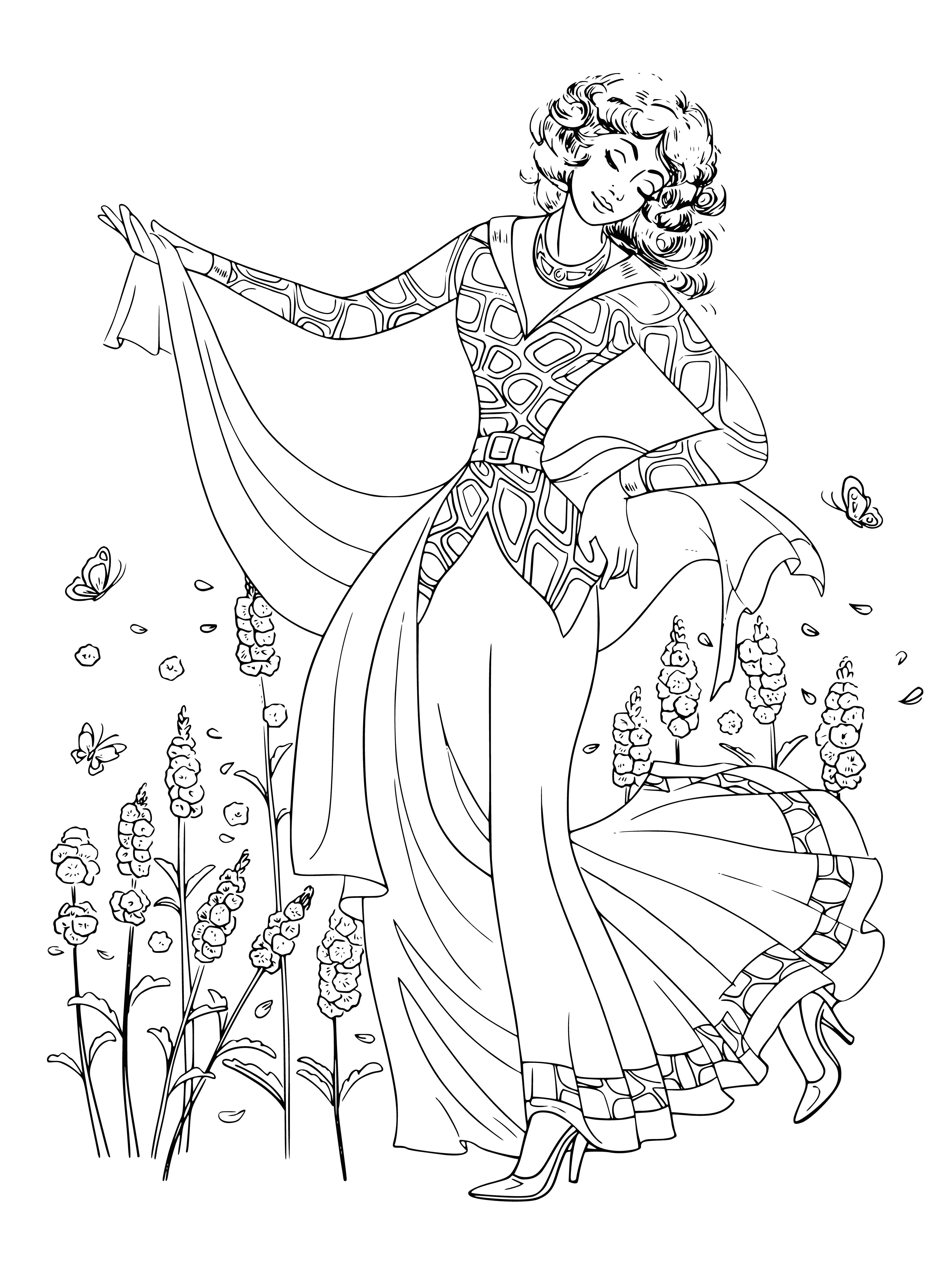 coloring page: An elegant lady surrounded by intricate designs holds a bouquet of flowers, with a gentle expression.