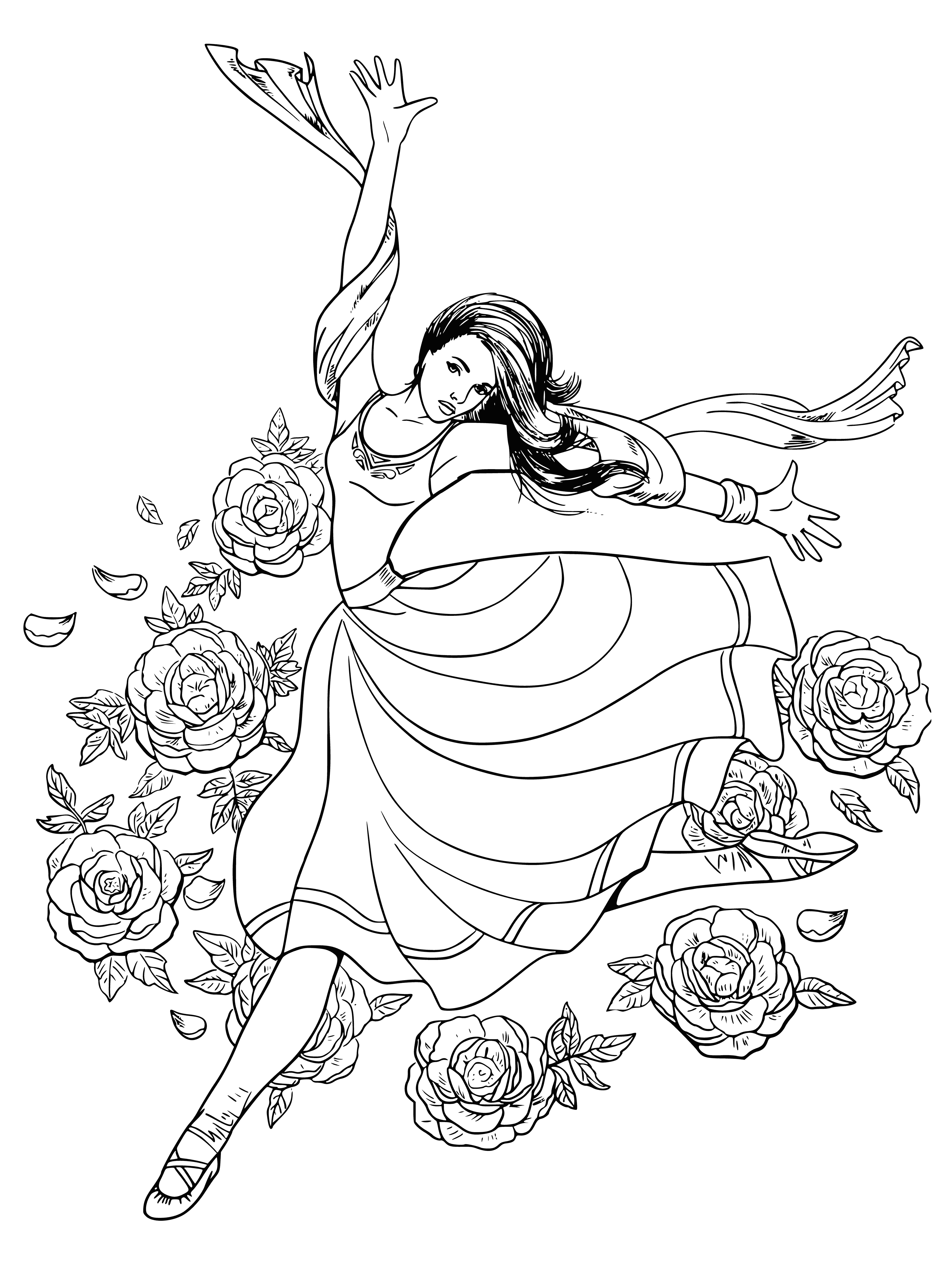 coloring page: Ballerinas in tutus and buns jump in the air amongst a colorful background.