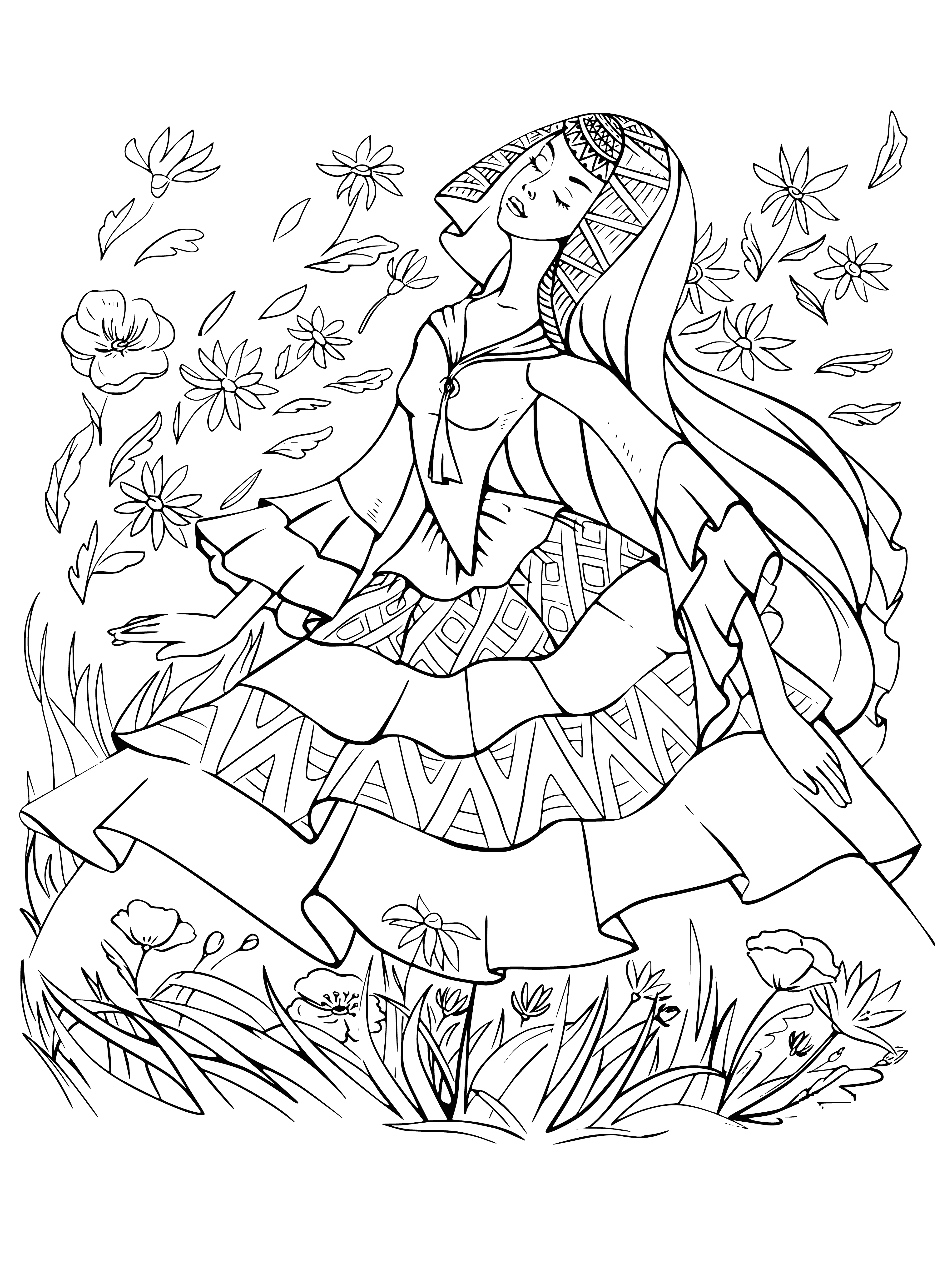 coloring page: Young woman standing in field of flowers, wearing flowing dress & crown of flowers in hair, serene expression & closed eyes.