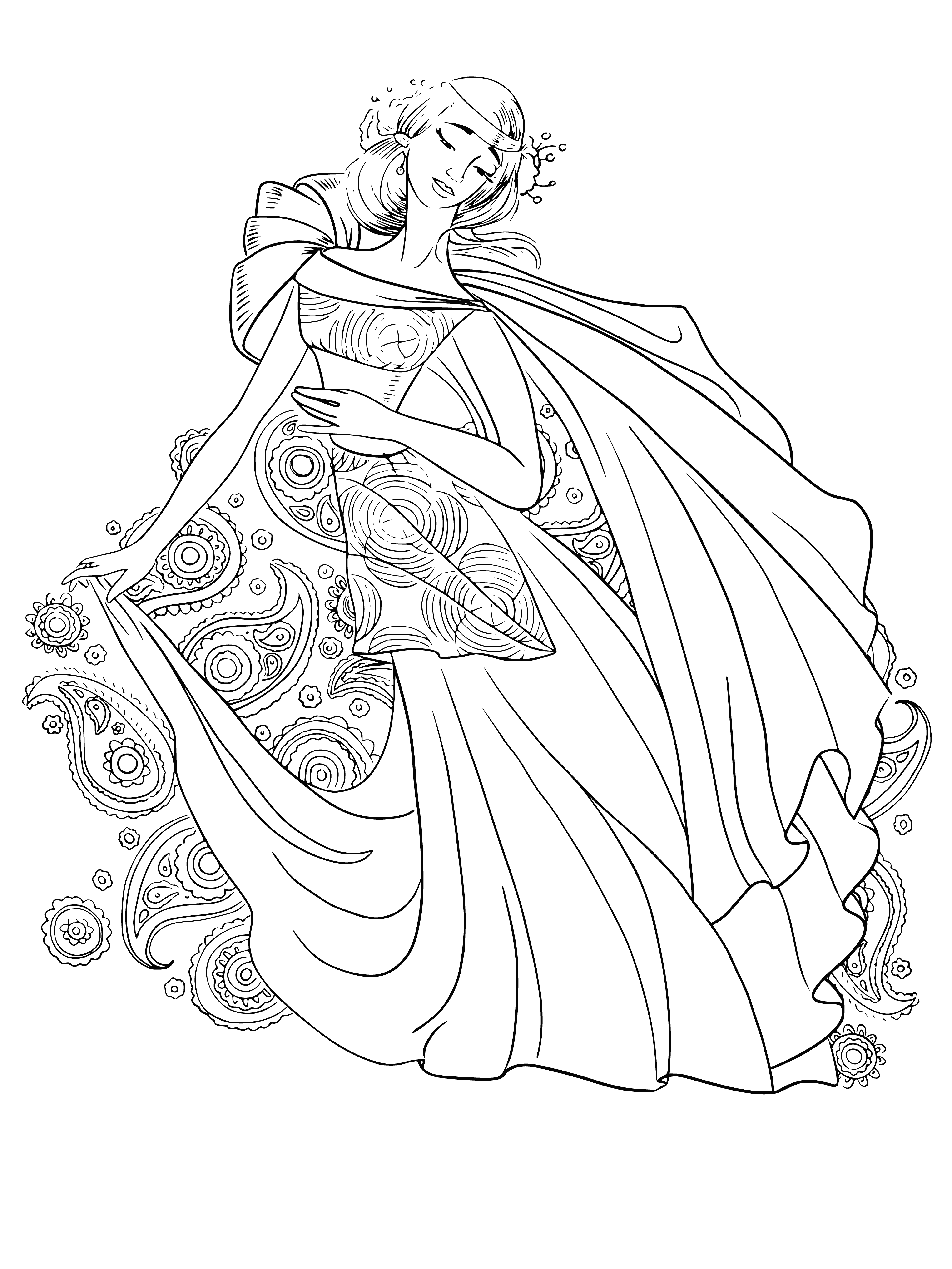 coloring page: Girl in a flowy outfit ready for take-off in black & white coloring page. #AdultColoring #Antistress #GirlsAirOutfit