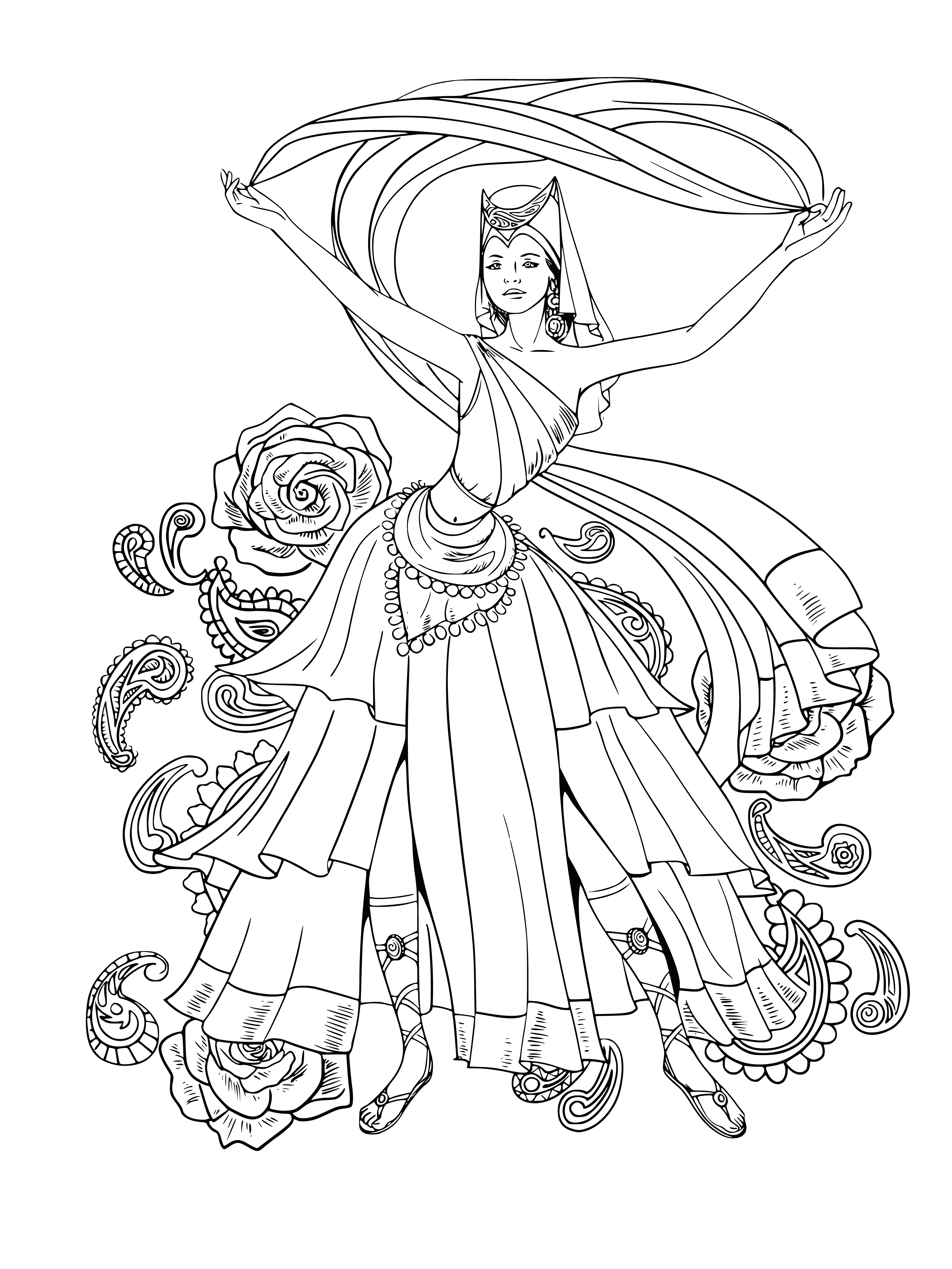 coloring page: Young woman gracefully practicing a dance move, wearing a light swirl of fabric & her hair flowing around her face, confidently showing enjoyment.