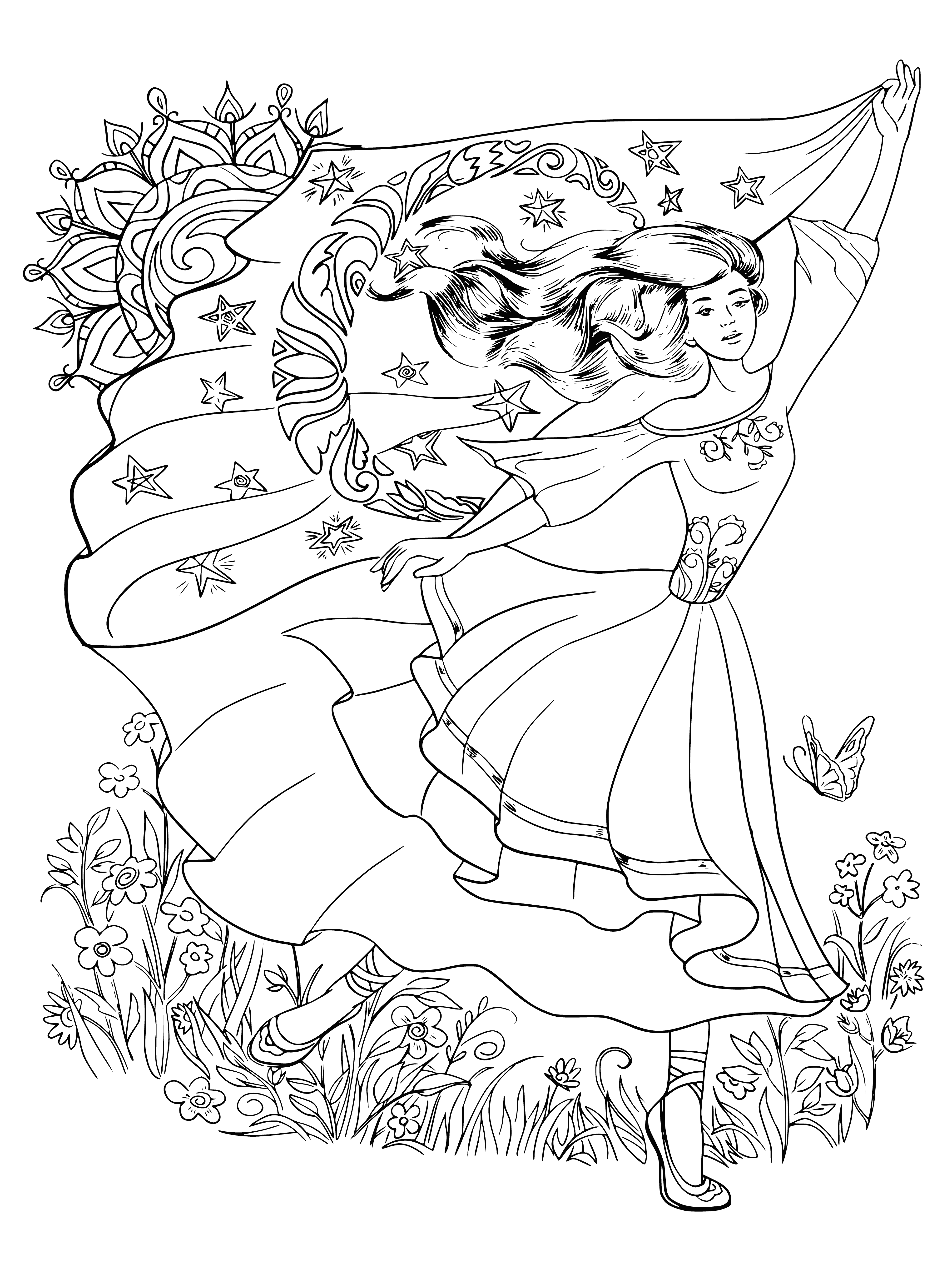 coloring page: Girl sits in lotus position surrounded by sun/moon, hands in lap eyes closed, deep in thought. Sun/moon intricate patterns, hair blowing in breeze.