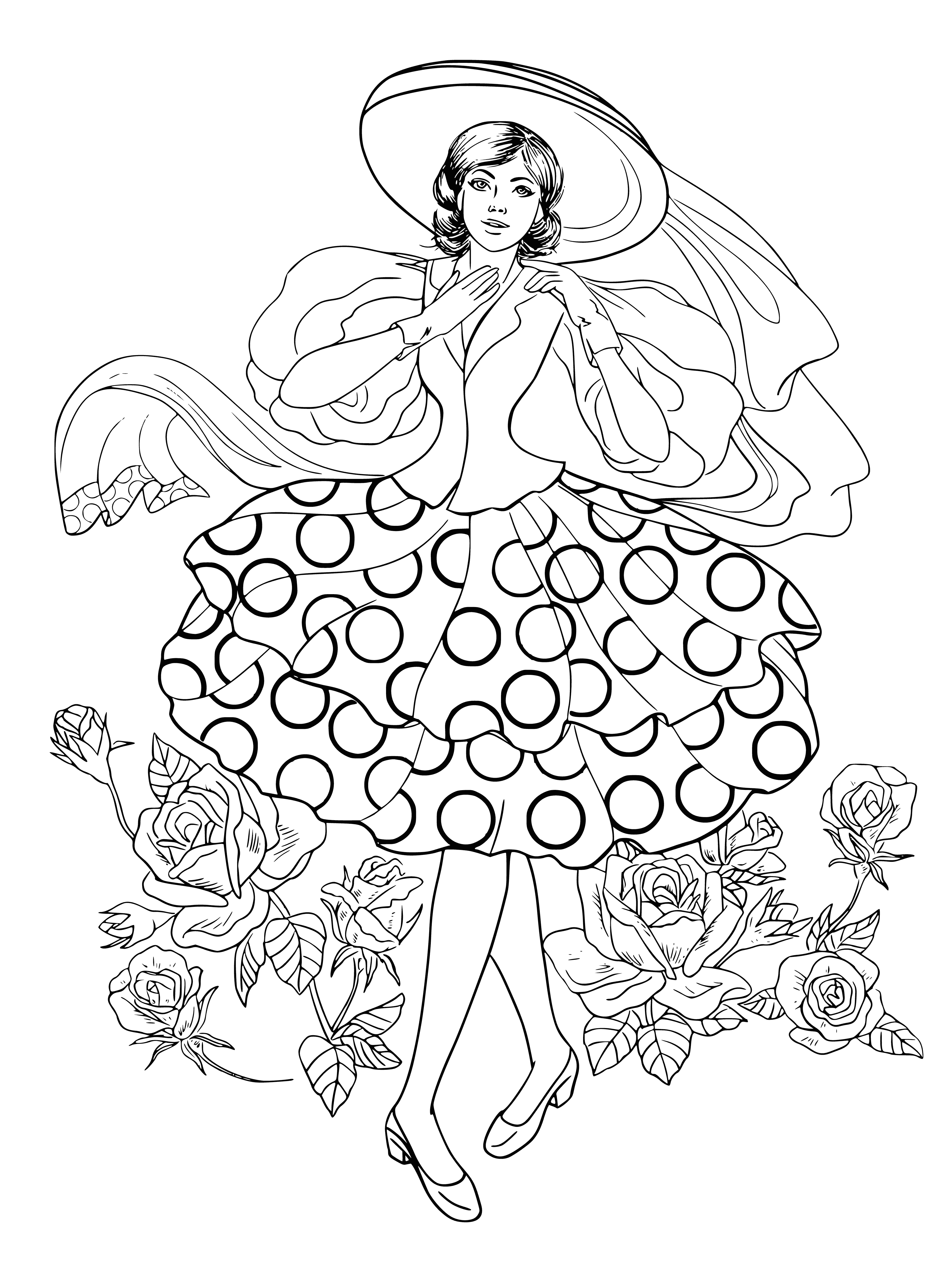 coloring page: Beautiful woman stands in a garden, holding a book and flowers, with butterflies and nature around her, in a backdrop of swirls and patterns.