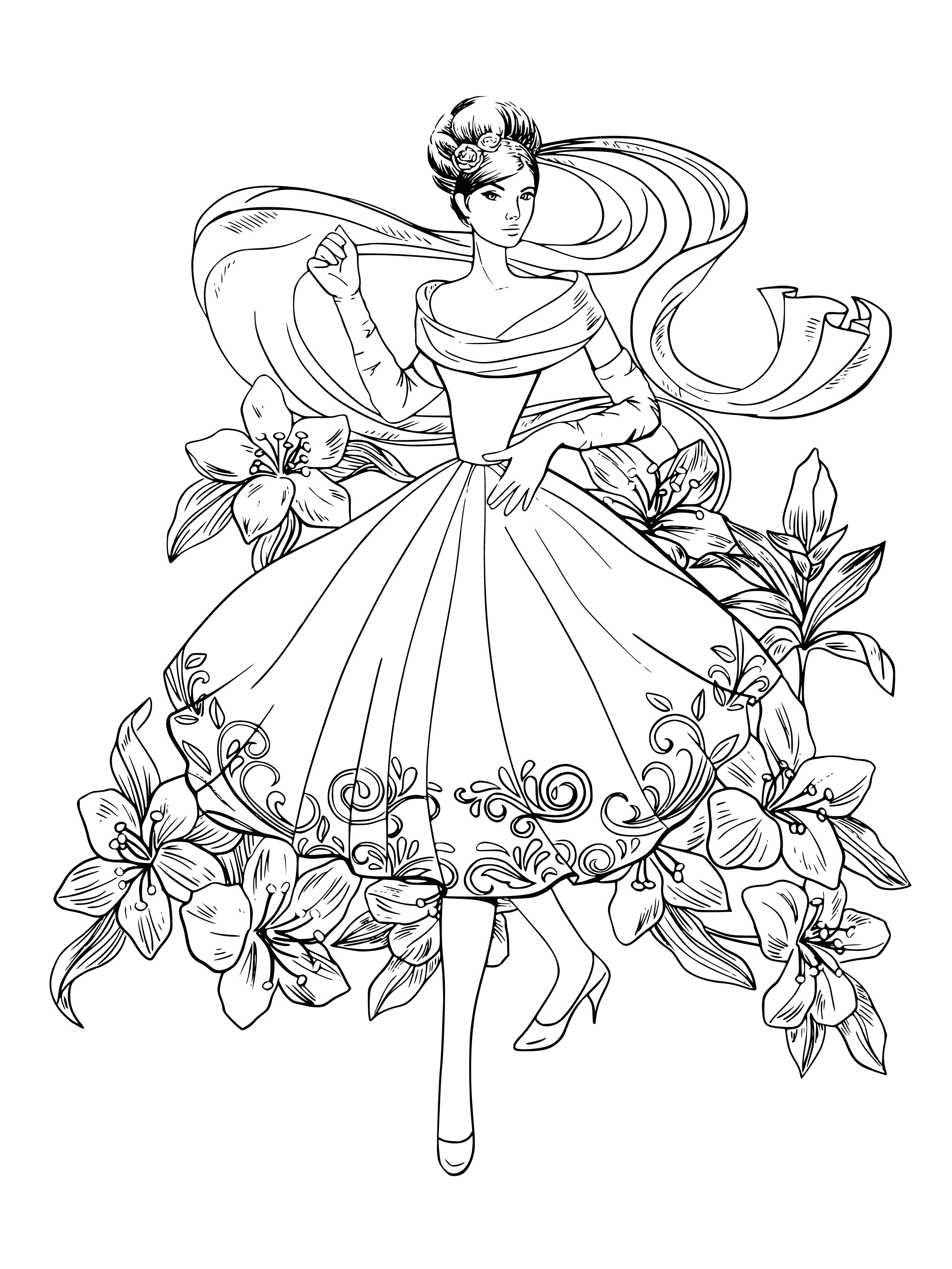 coloring page: Girl looks elegant standing in front of flowers, ribbon in hair & slight smile.