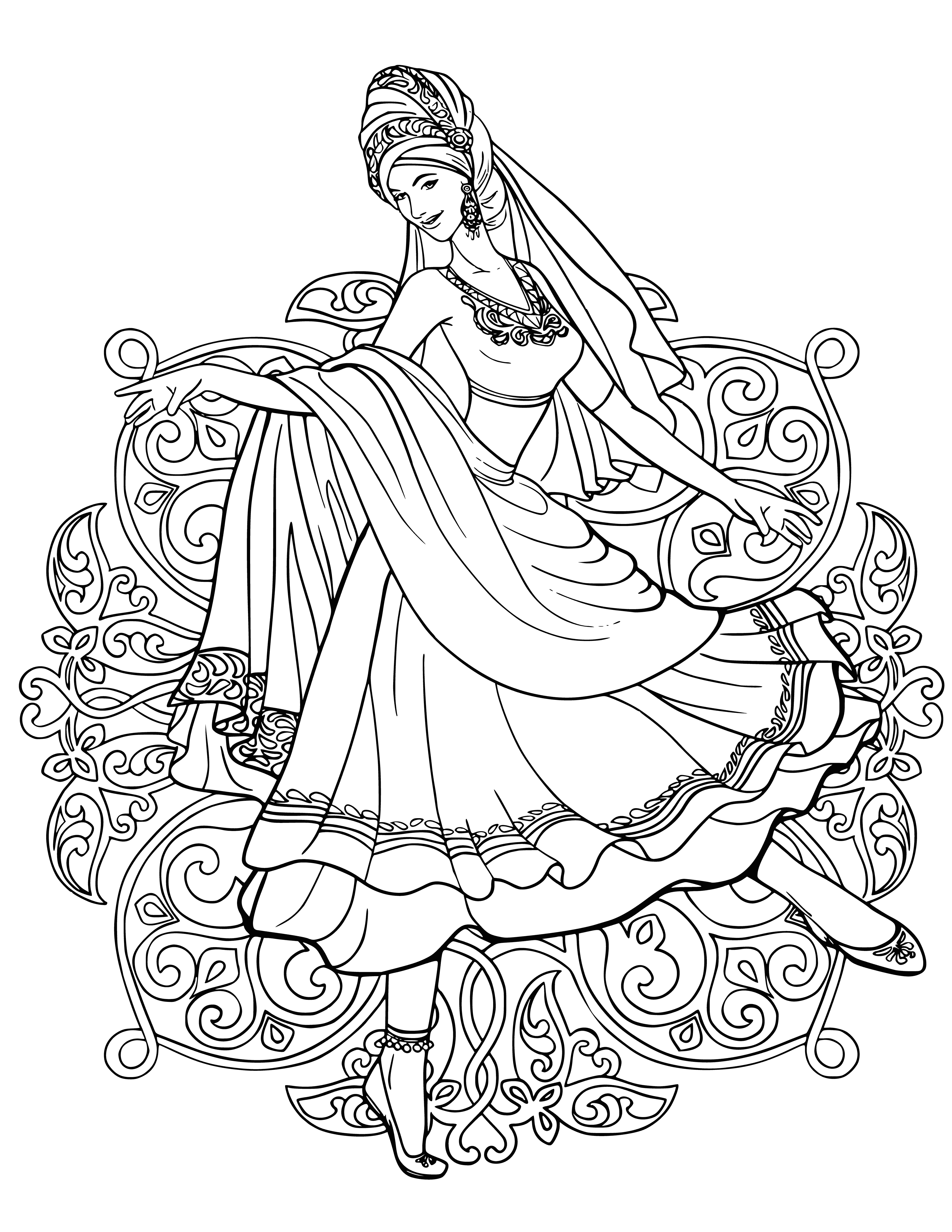 coloring page: Two girls dancing, eyes closed and smiling, looking happy and carefree.
