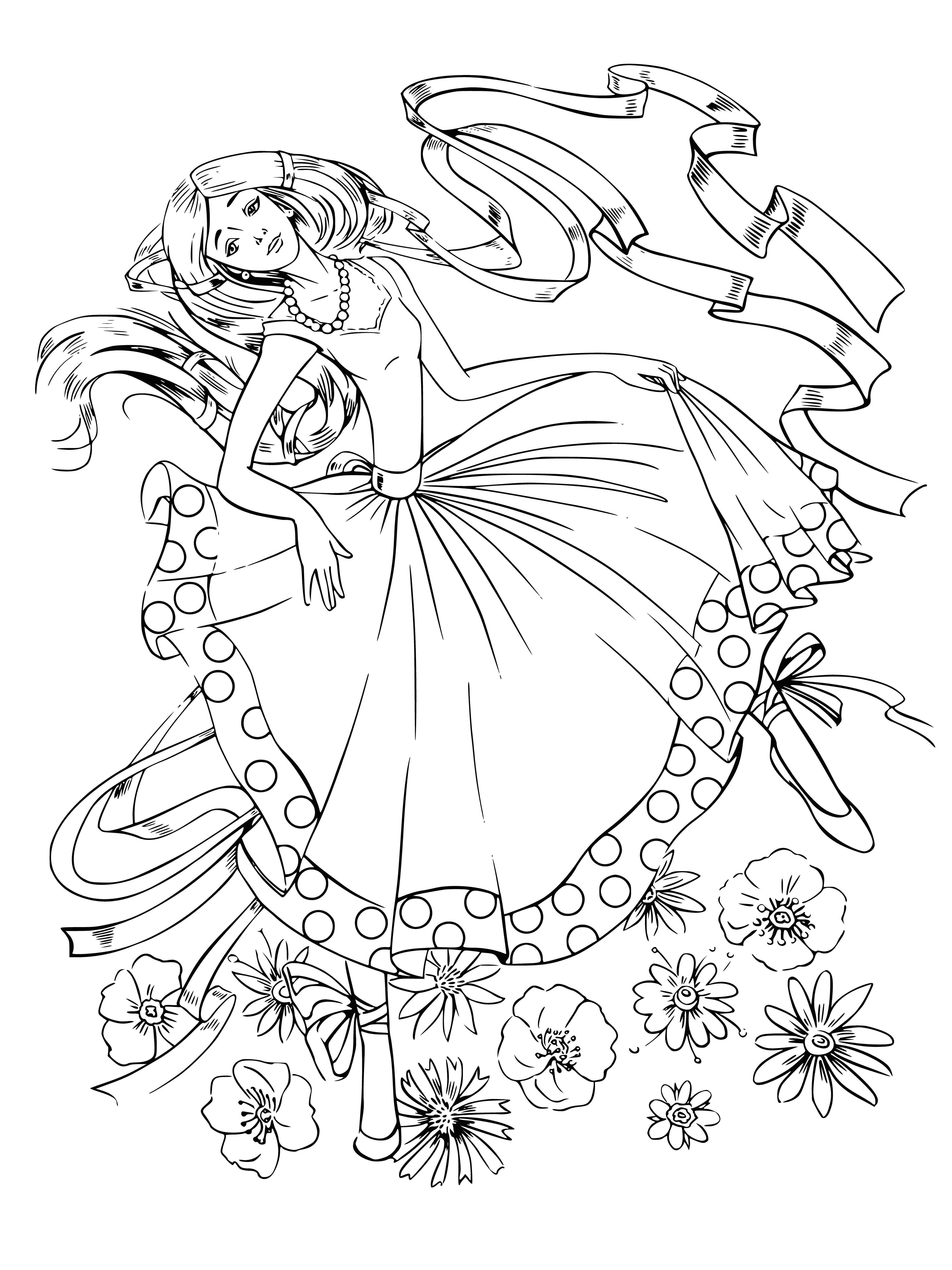 coloring page: Color a ballerina in her tutu! Her hair in a bun, with a floral wreath around her head - perfect for stress-relief and fun.