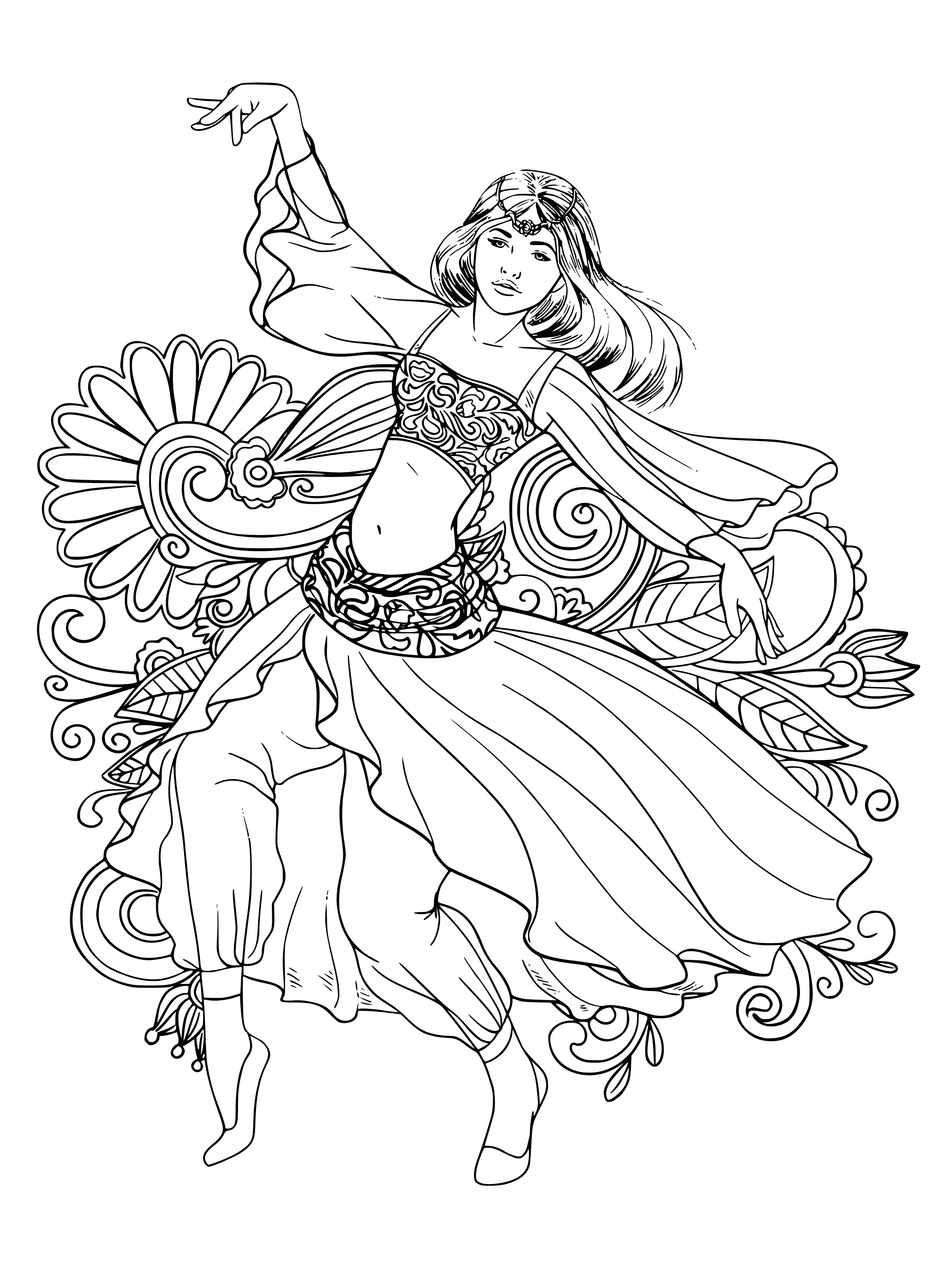 coloring page: Woman dances joyously in dress with flower in hair, headdress, arm above head, other at waist; carefree and joyful.