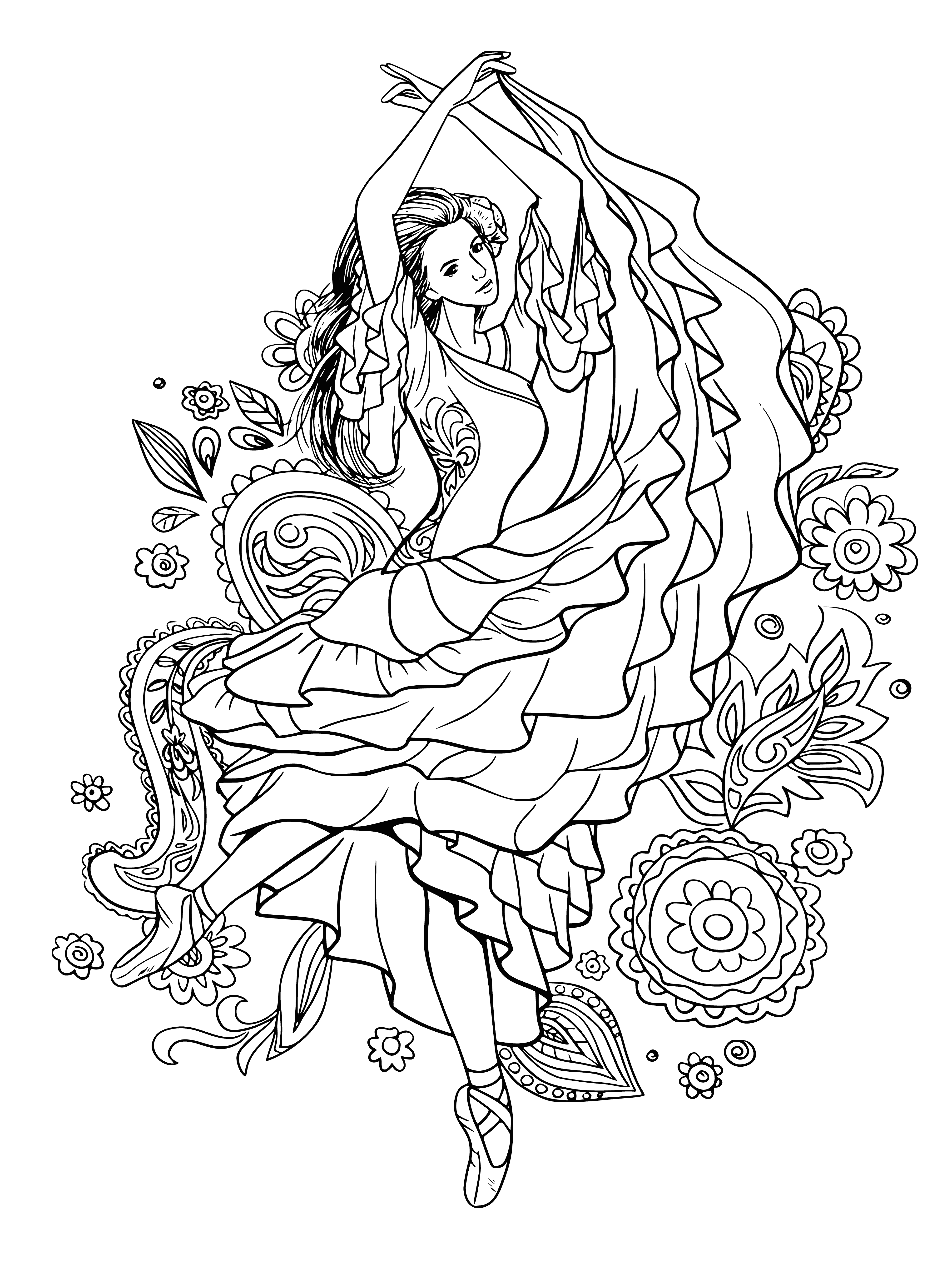 coloring page: A ballerina in a tutu dances with arms raised, wearing a crown of flowers, surrounded by hearts and stars.