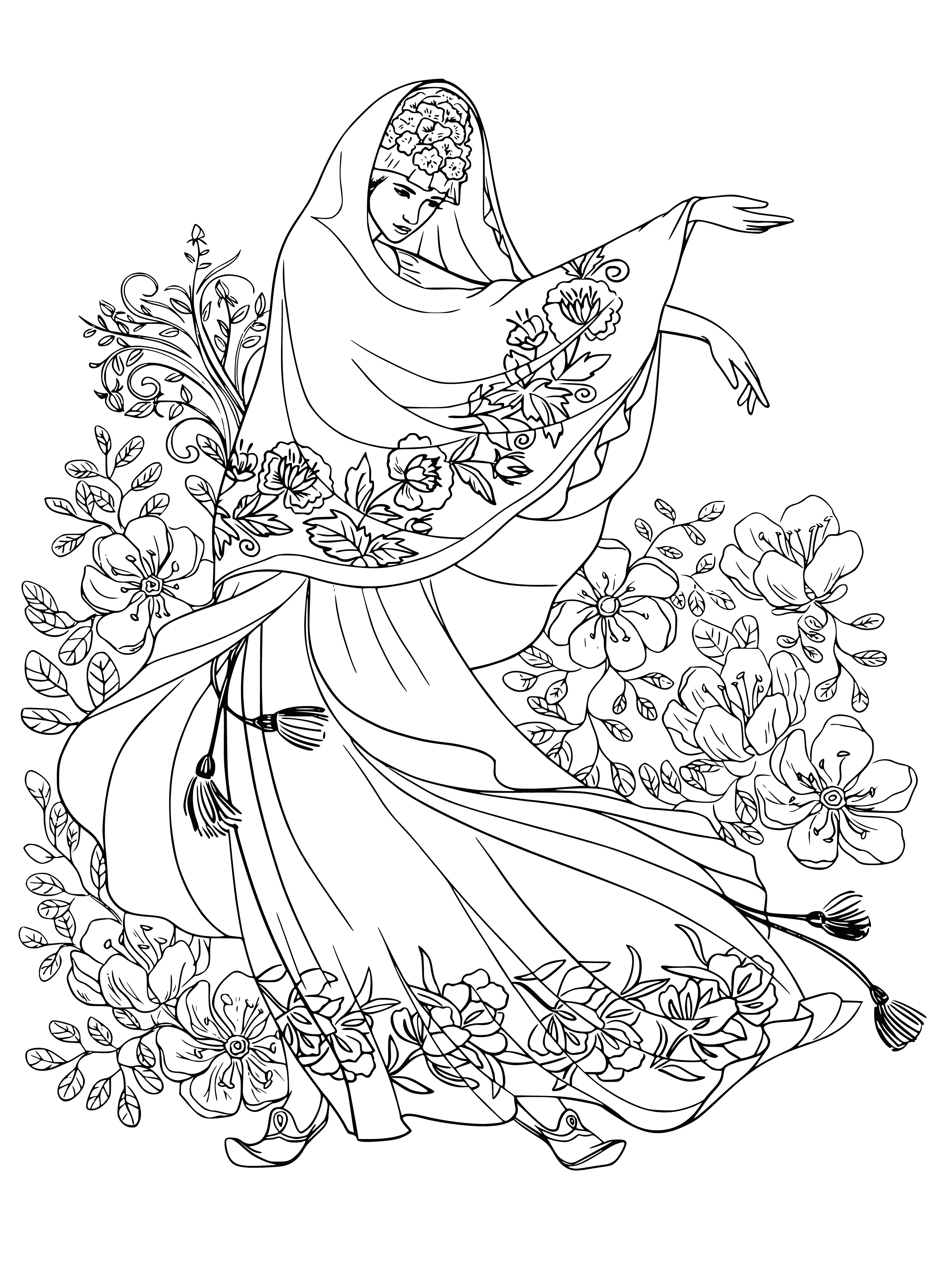 coloring page: Girl in pink dress stands in garden, bird on shoulder, surrounded by flowers.