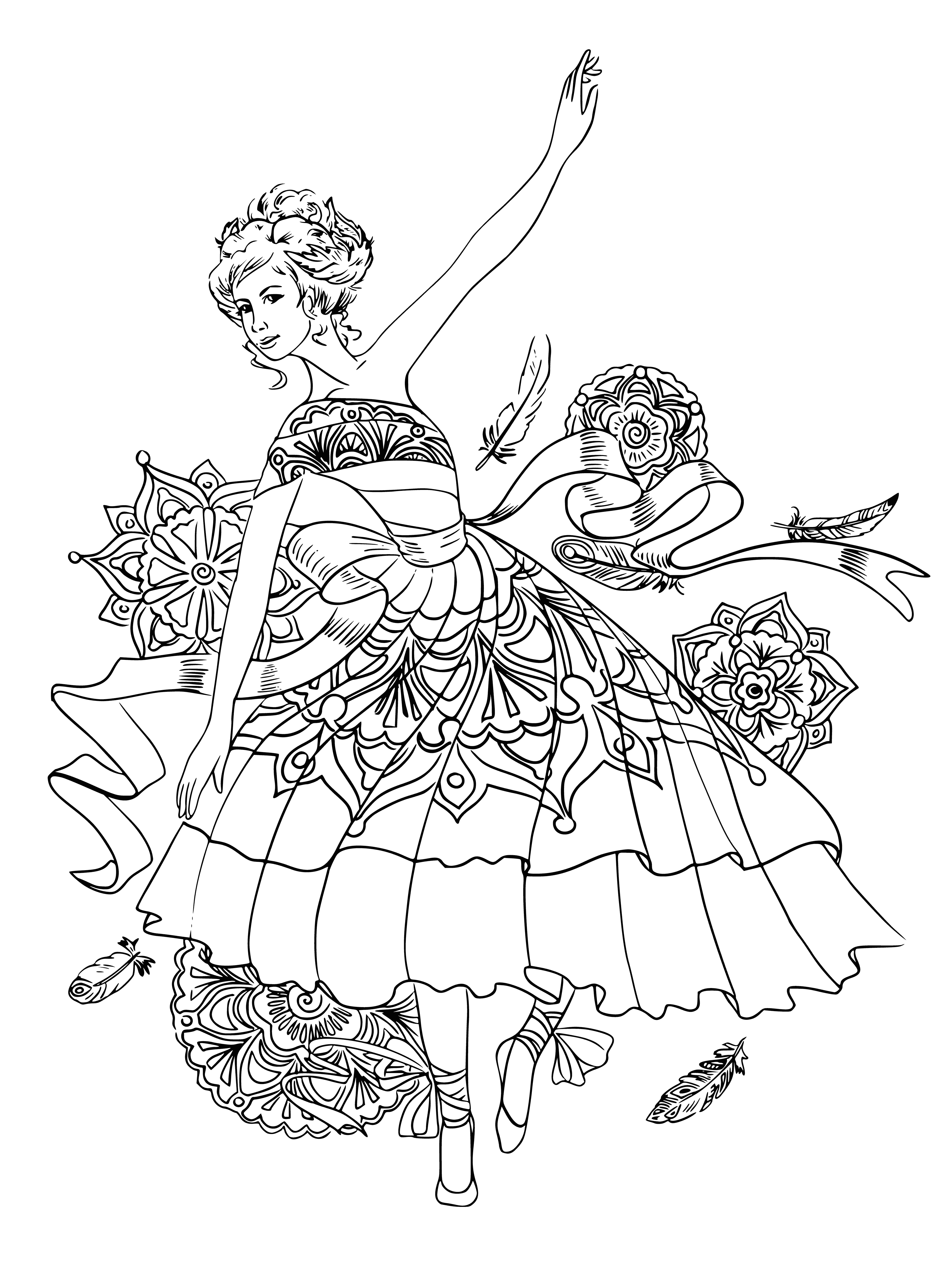 coloring page: 3 ballerinas in poses, wearing pink tutus & pointe shoes, hair pulled back into buns, in a pale blue room.