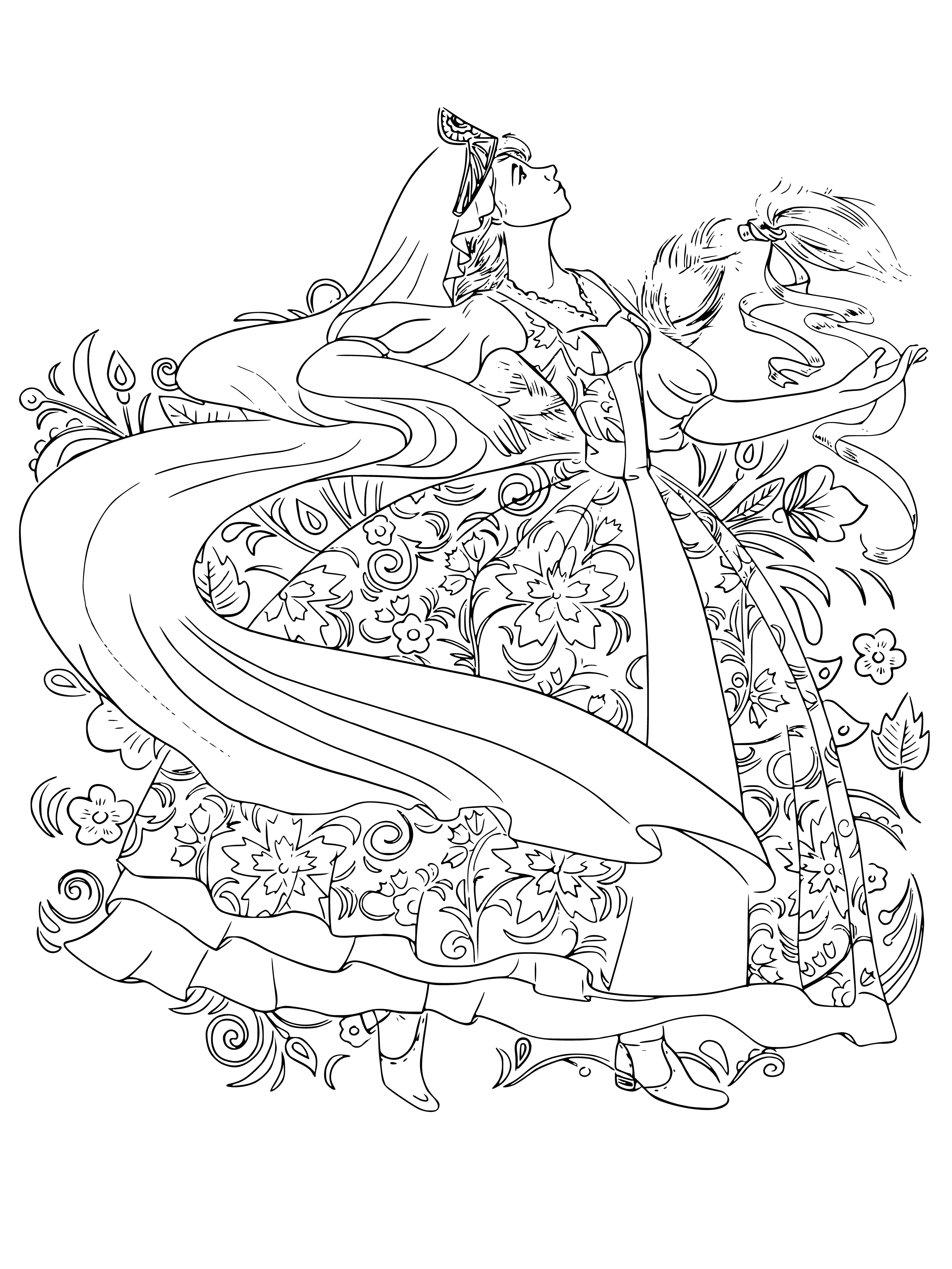 coloring page: Girl in white dress twirling surrounded by flowers, plants and butterfly.