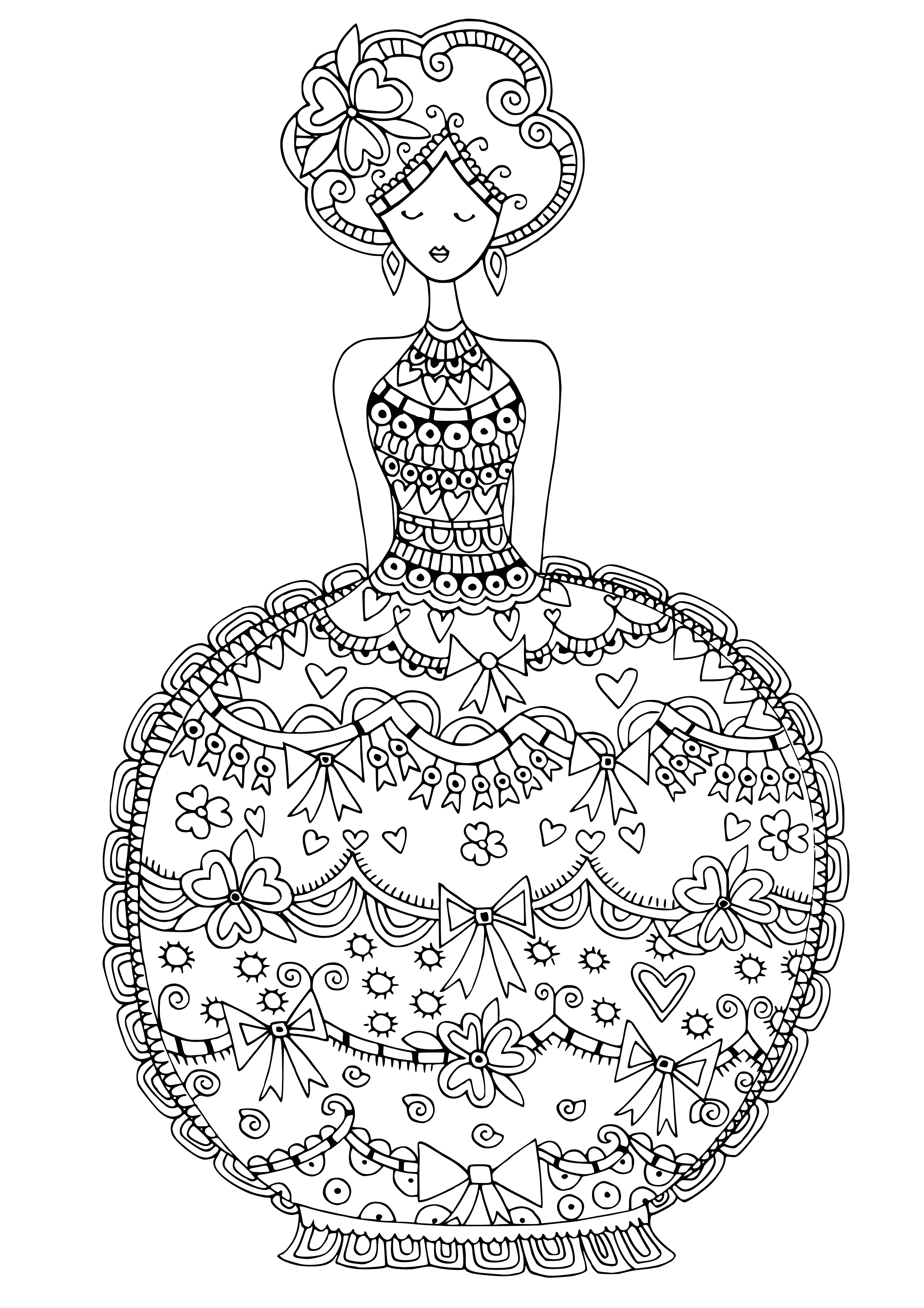 coloring page: Beautiful young lady standing in a field of flowers, looking happy. Bright & cheerful colors make this adult coloring page perfect for antistress.