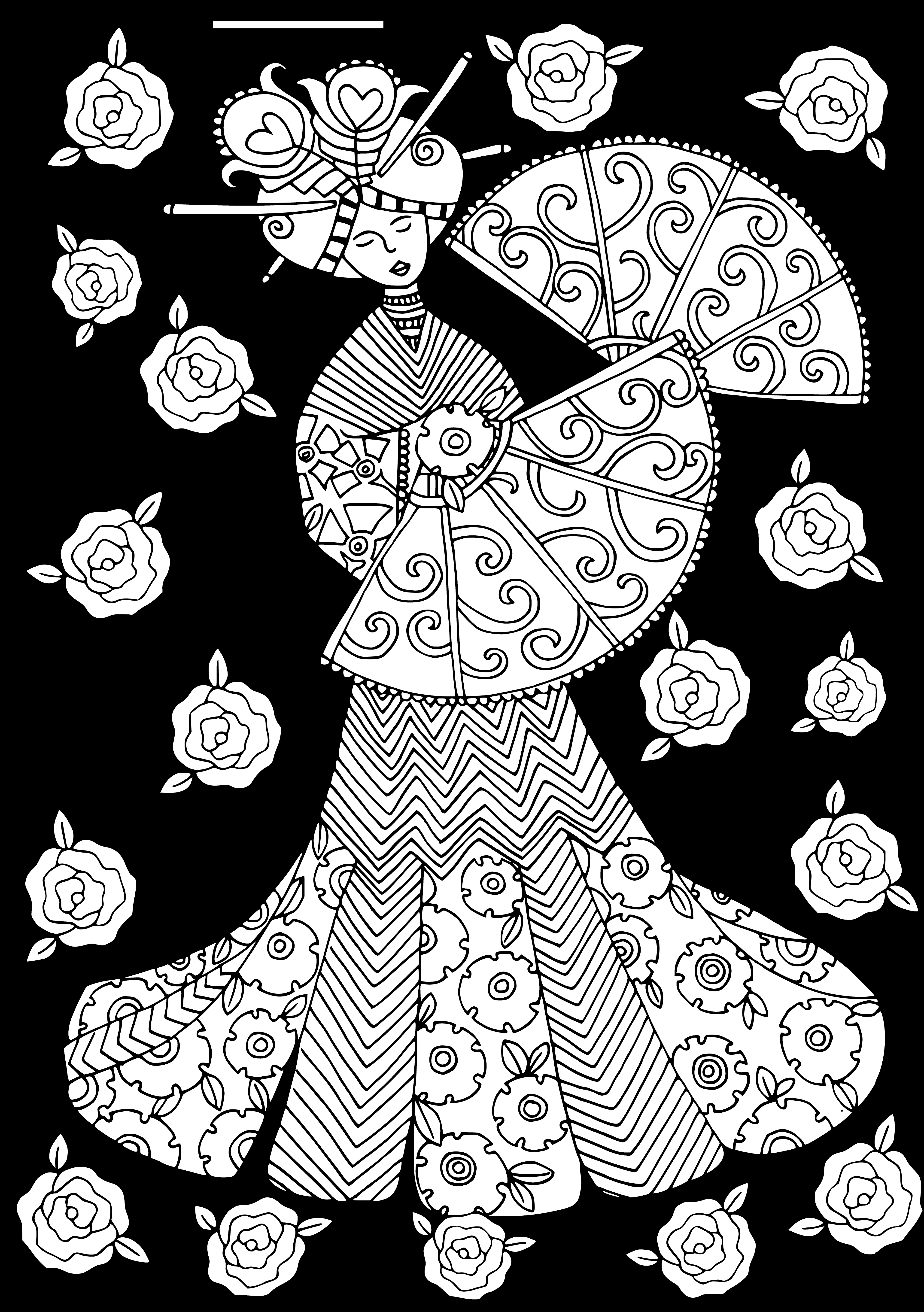 coloring page: Girl joyfully dances with a fan, feeling carefree.