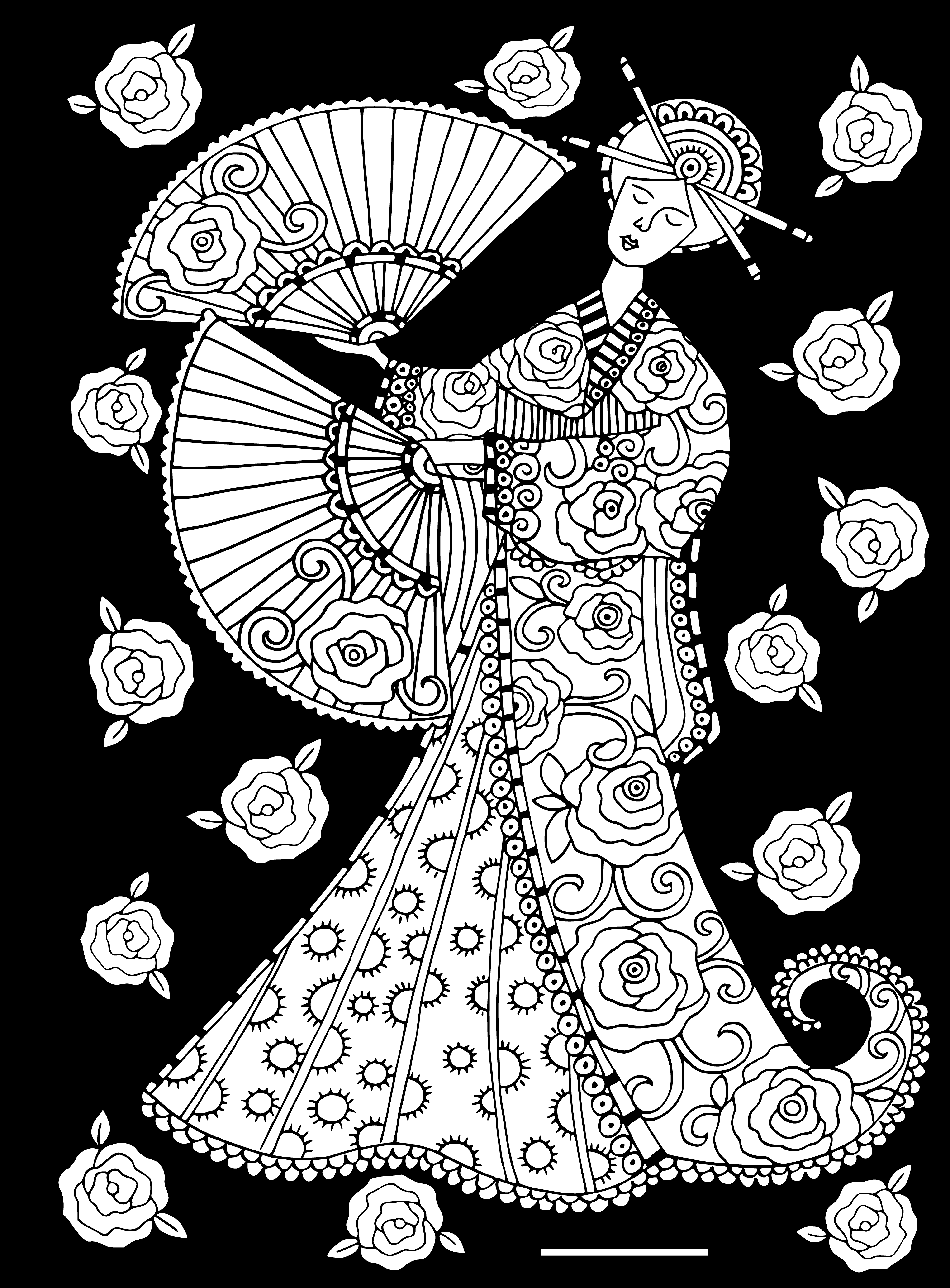 coloring page: Young woman standing in fan's breeze, wearing flowy dress and serene expression.