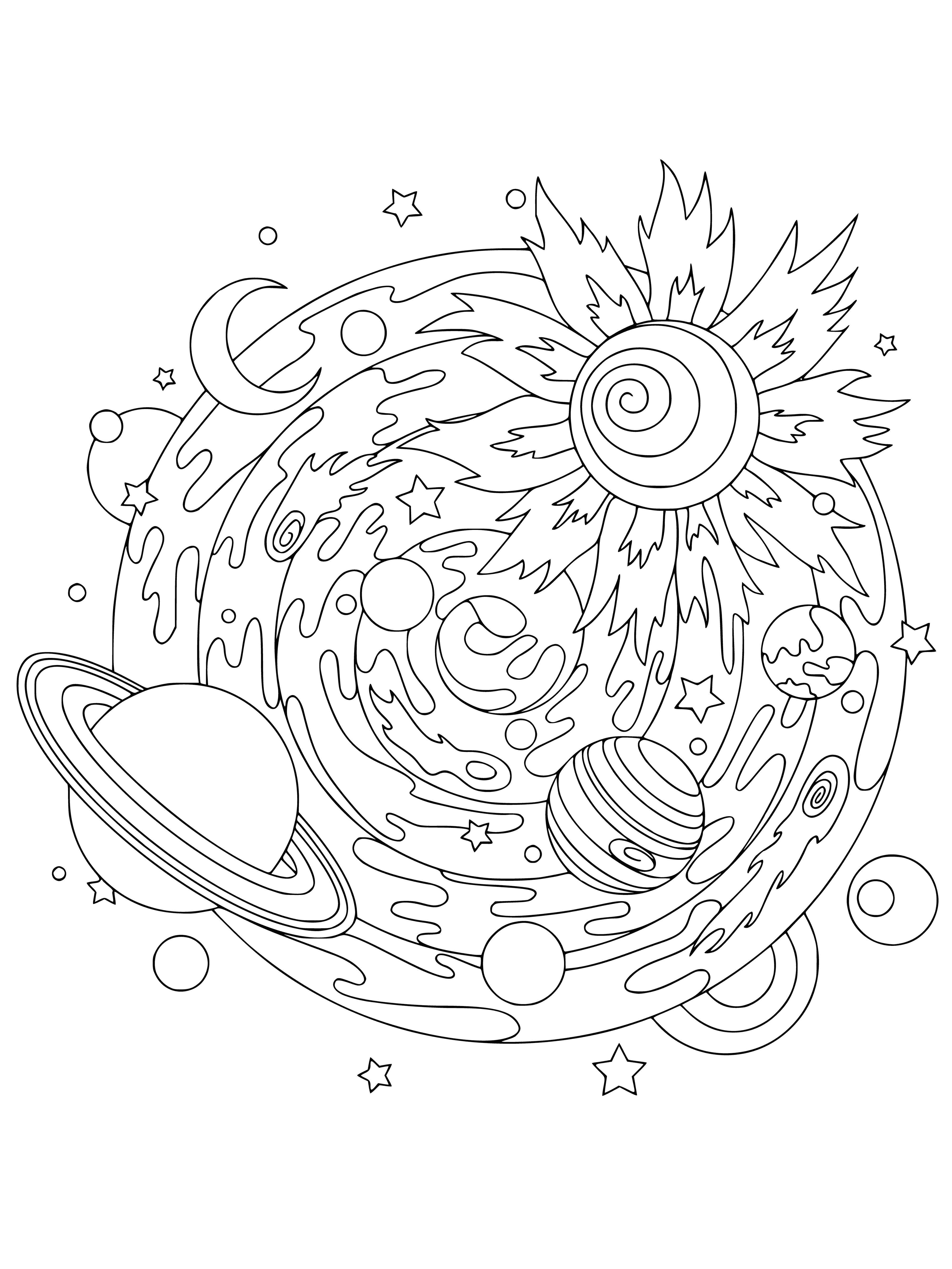 coloring page: Coloring book features solar system pages with planets & stars in different colors & patterns. #antistressspace #coloringbook #arttherapy