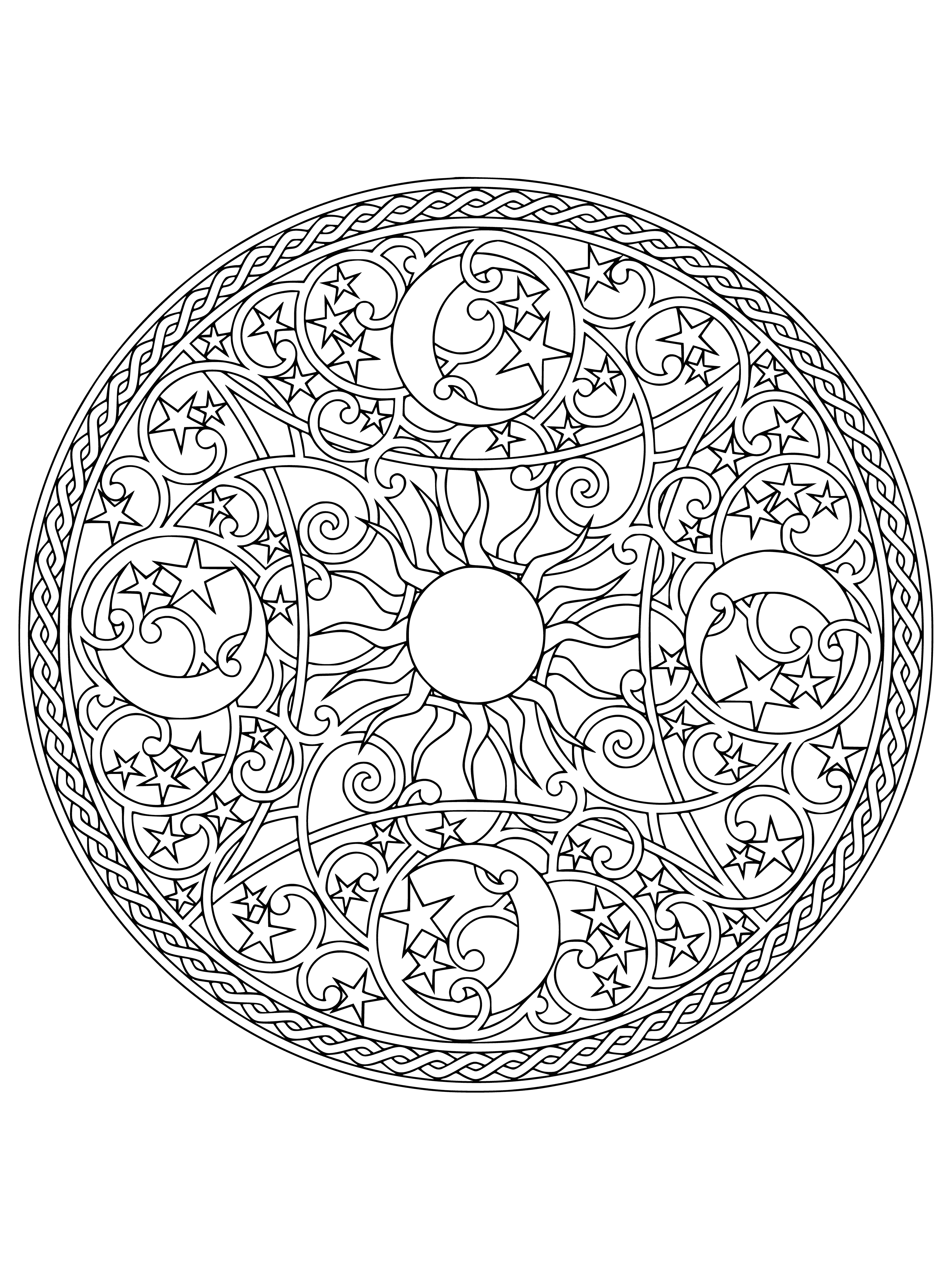 coloring page: Coloring page features a sun, moon, star, and geometric shapes connected by streamers of light.