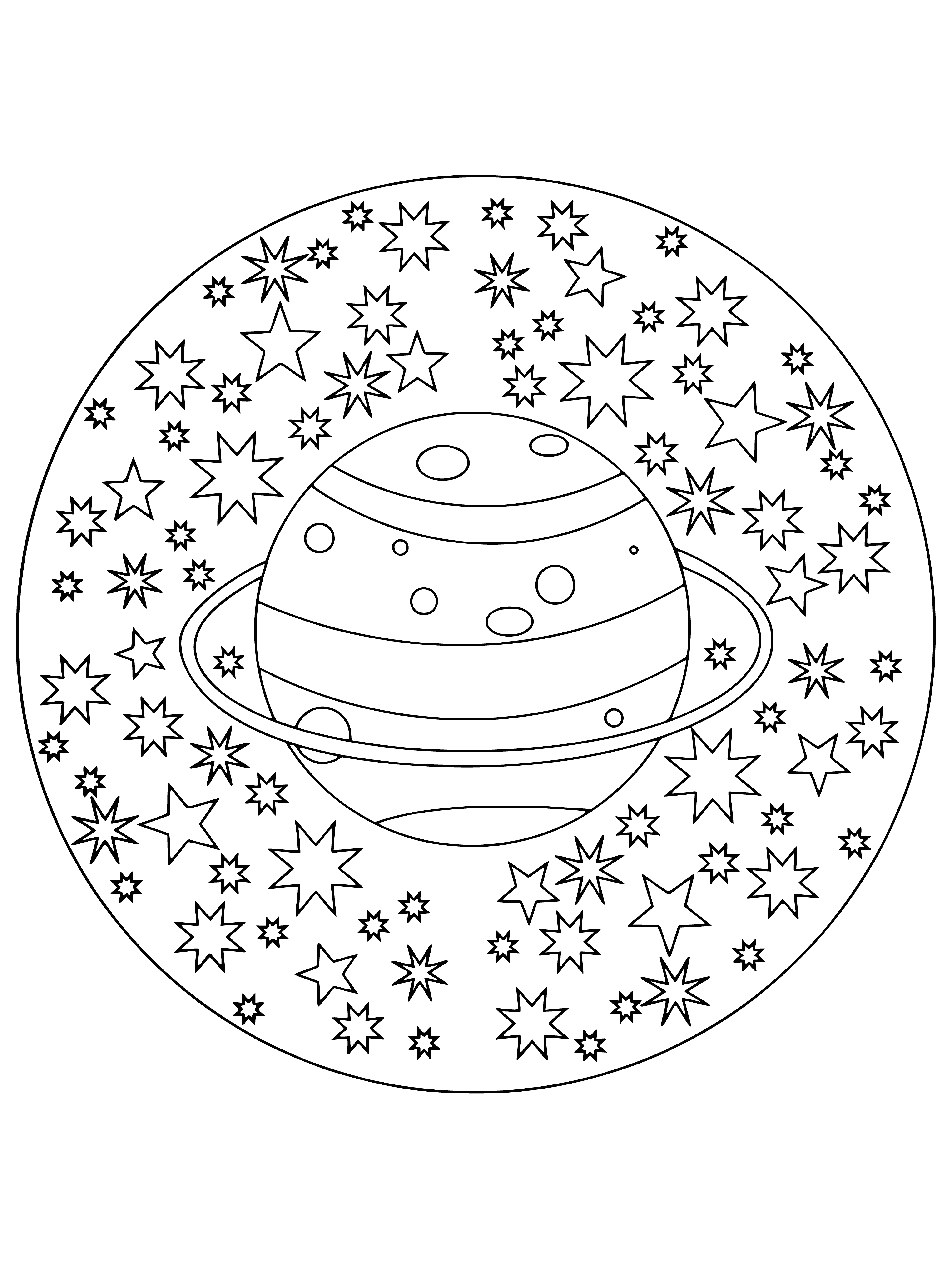 coloring page: Download a black & white Saturn coloring page & relax as you fill in its circles, spirals & geometric shapes in the star-studded background.