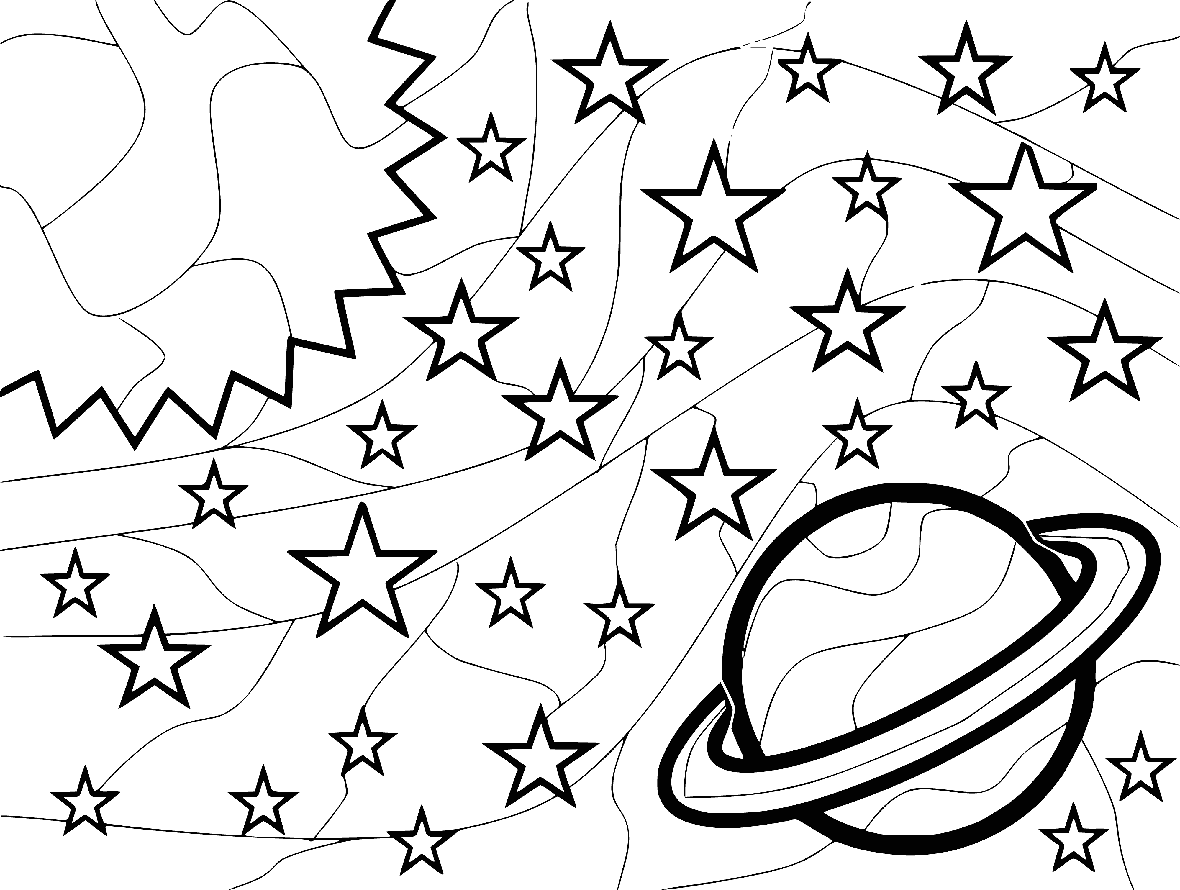 coloring page: Large, dark blue galaxy in center of page surrounded by lighter blue galaxies with white space object at center, curved tail.
