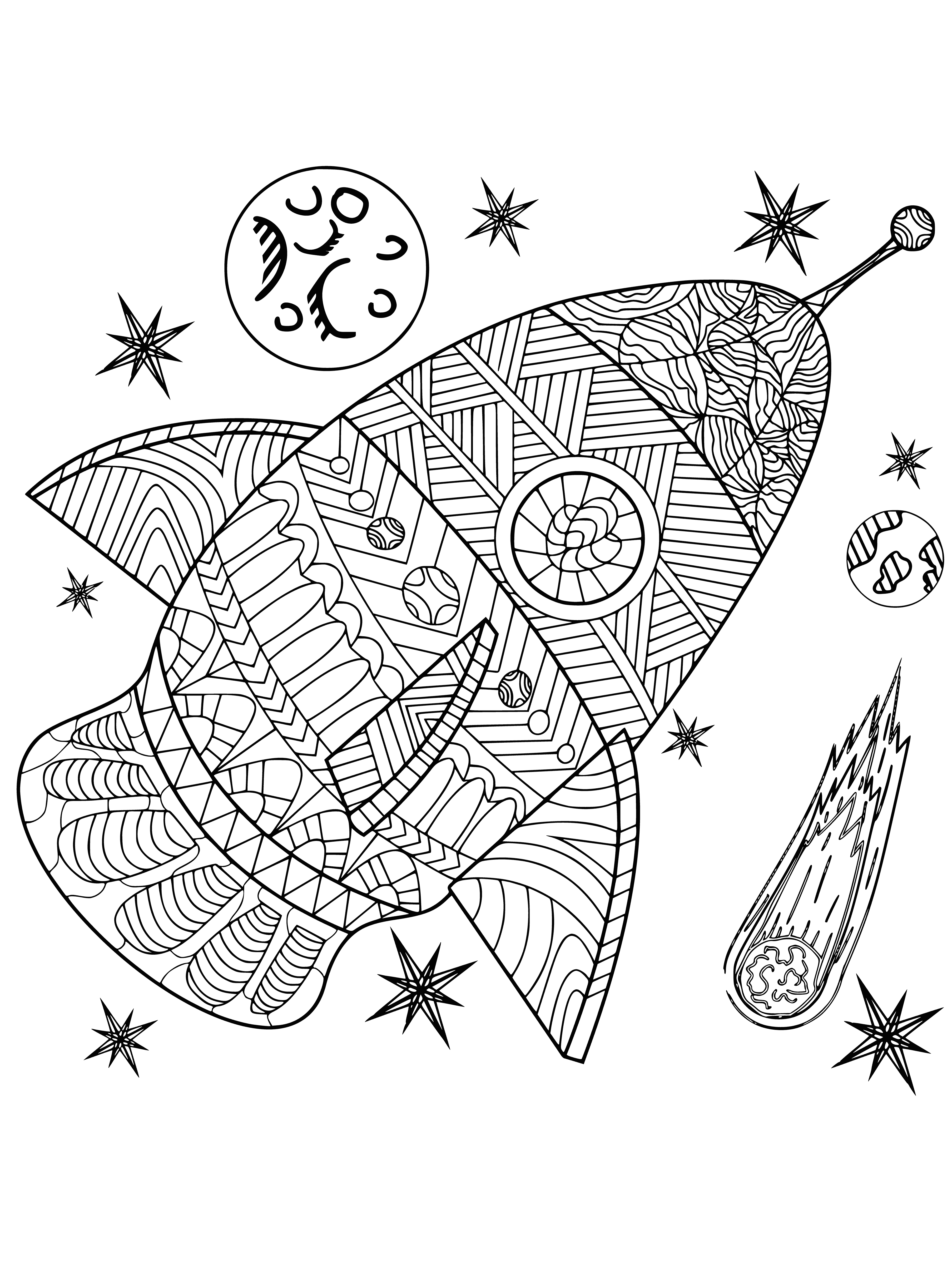 coloring page: Rocket in center of page, white with black & gray markings, against black background; perfect for relieving stress!