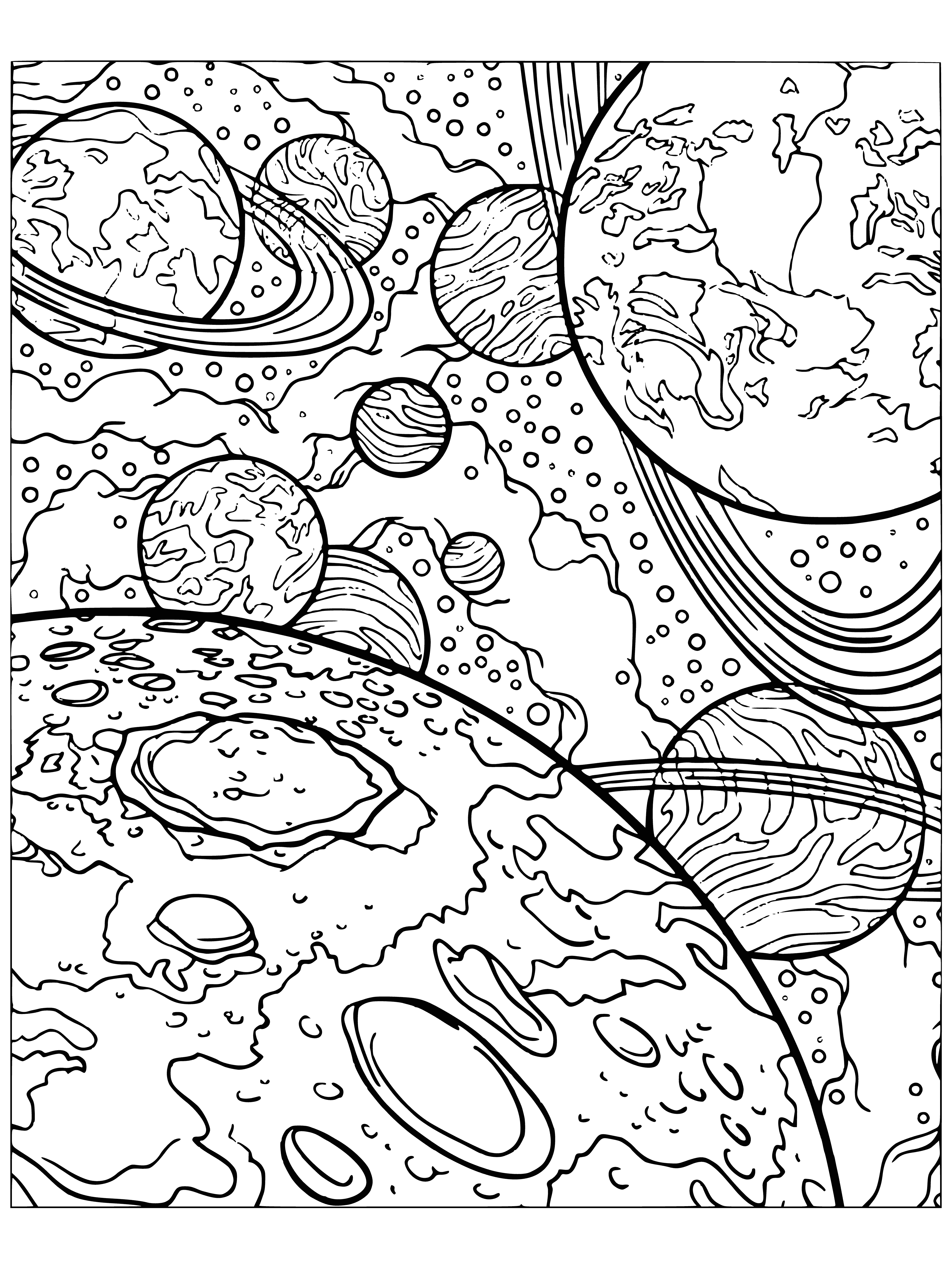 coloring page: Person in a spacecraft, reducing stress with peaceful coloring, surrounded by beauty of universe.