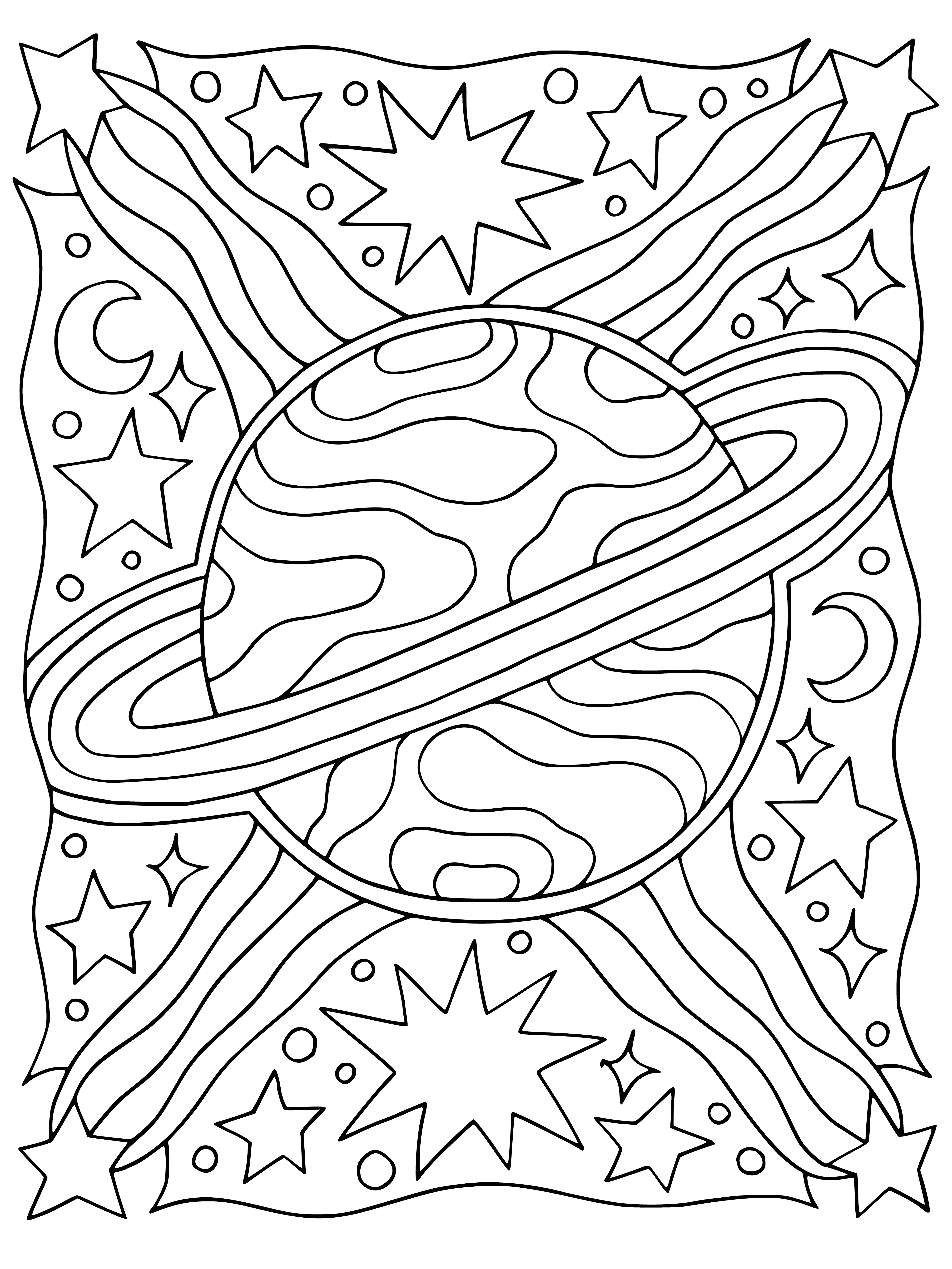 coloring page: -> Fun coloring page of swirling planets and stars in a black background border.