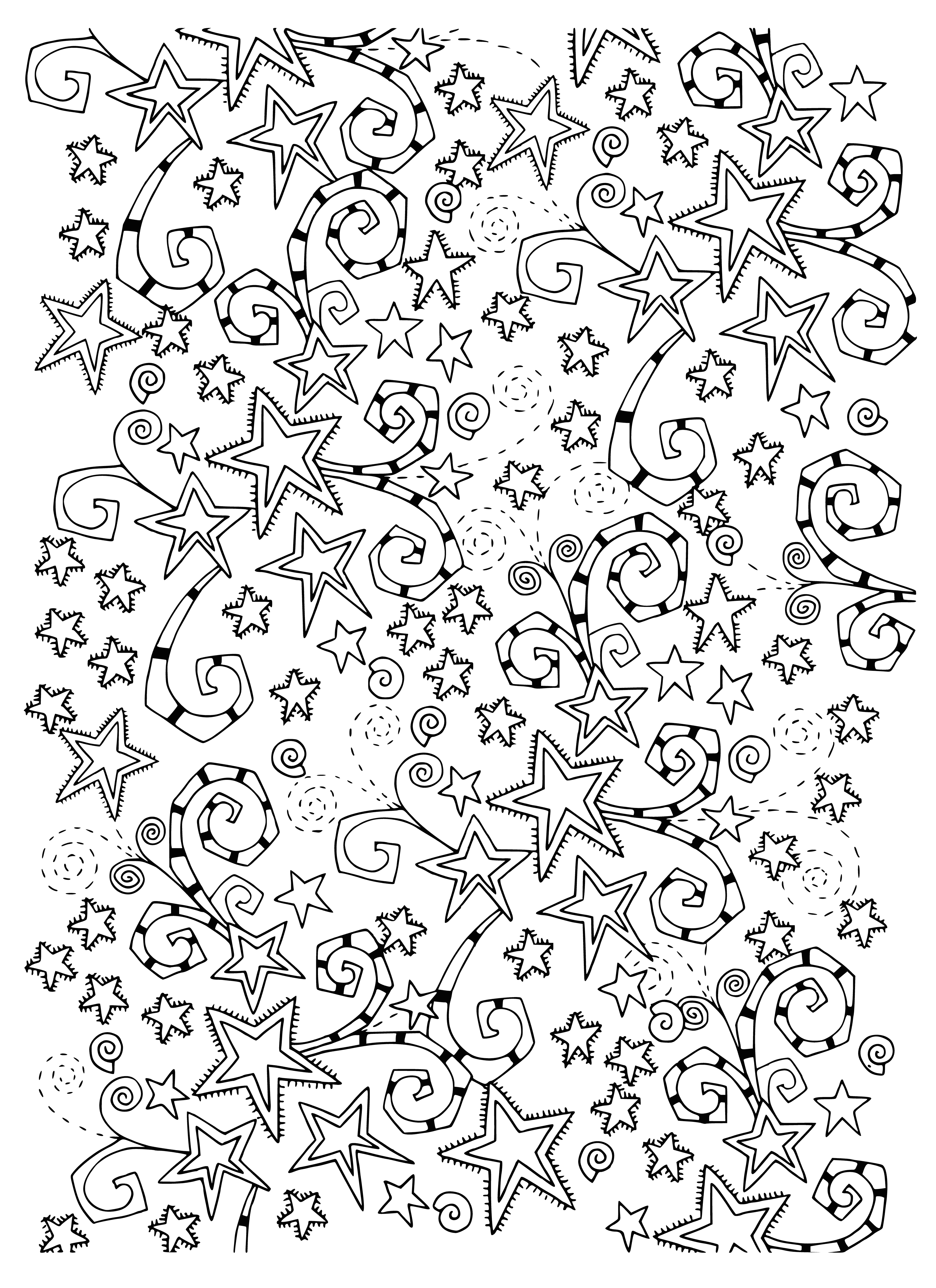 coloring page: Stars in space: different colors and sizes, plus lines and shapes in the background. #space #coloringpage