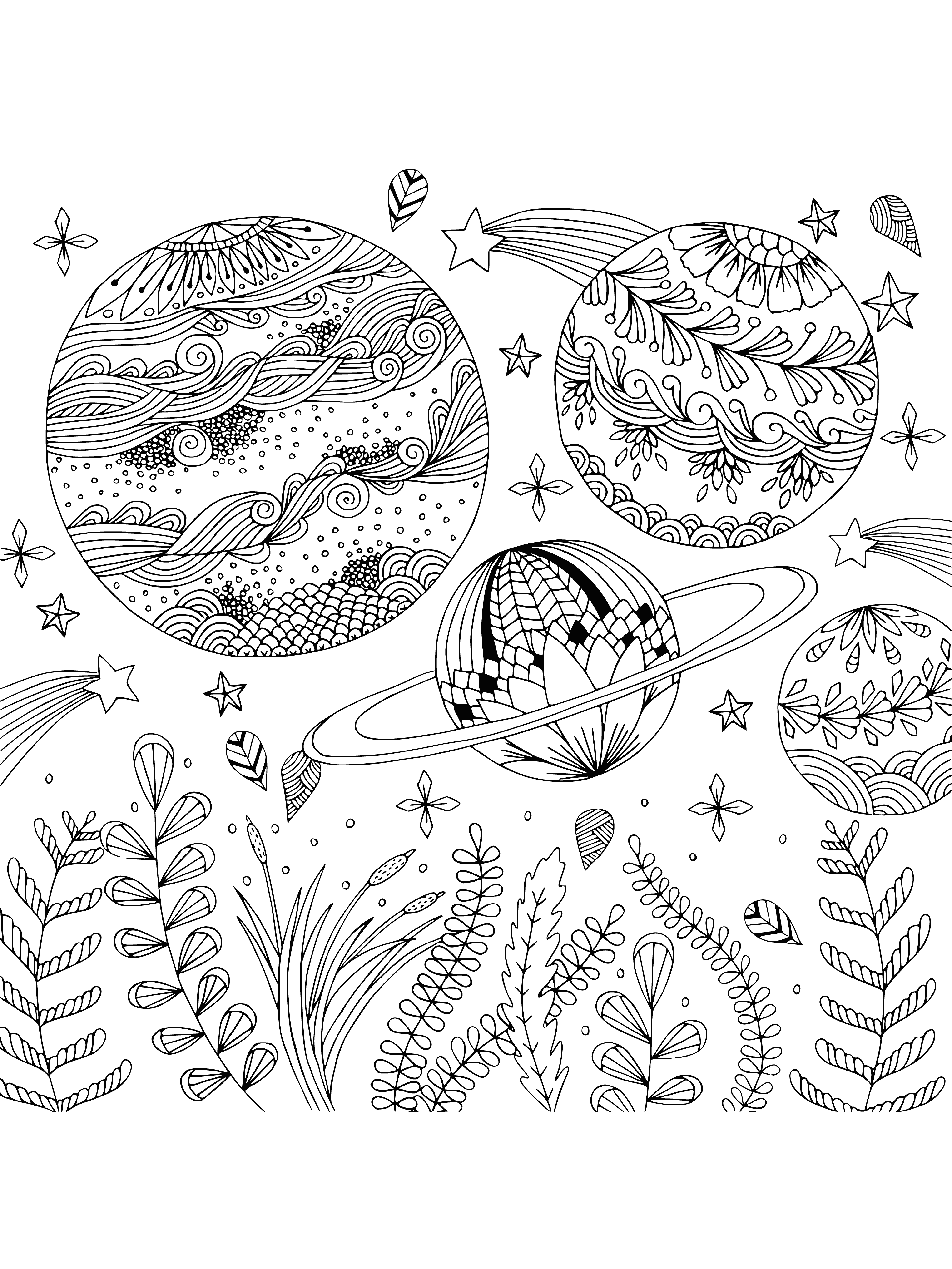 coloring page: A coloring page with unique planets adorned with swirls, patterns, and a soft glow from sunbeams. #coloringpages