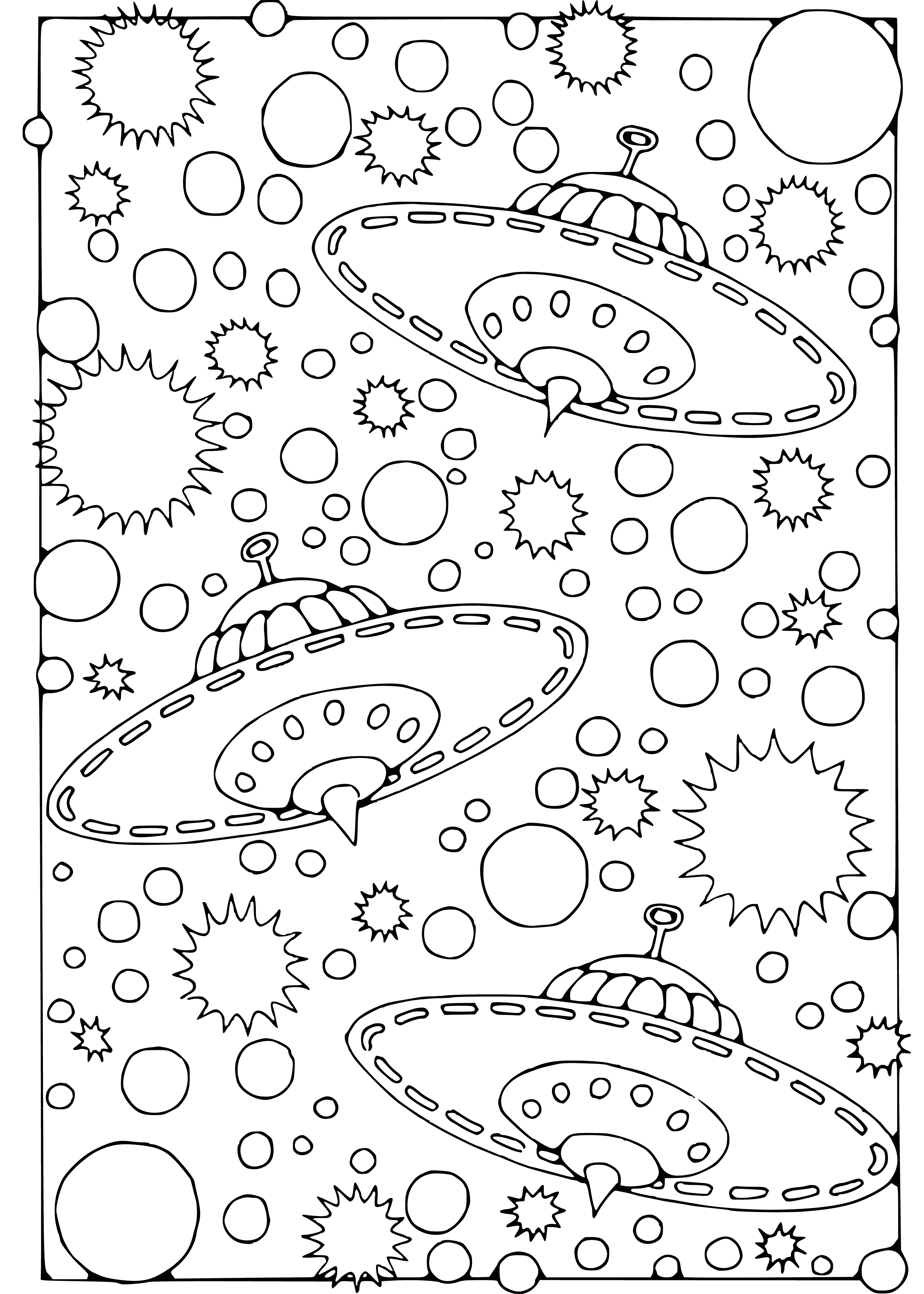 coloring page: A yellow and green UFO flies over a cityscape at sunset, surrounded by stars and a deep blue sky.