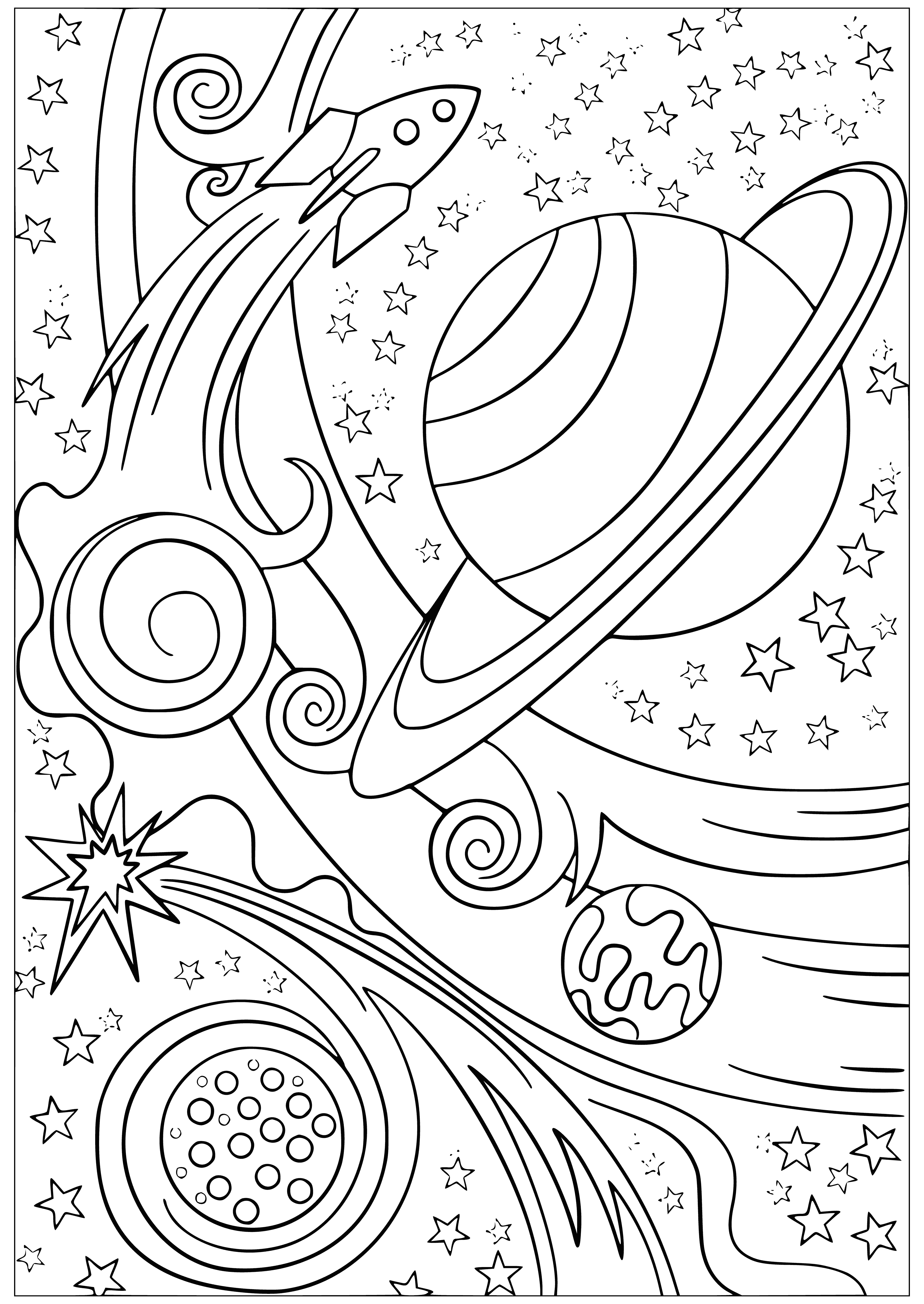 coloring page: Rocket streaks across space, leaving stars in its wake. Silver & white rocket has blue flame from tail, surrounded by a halo of light making it look like it is on fire.