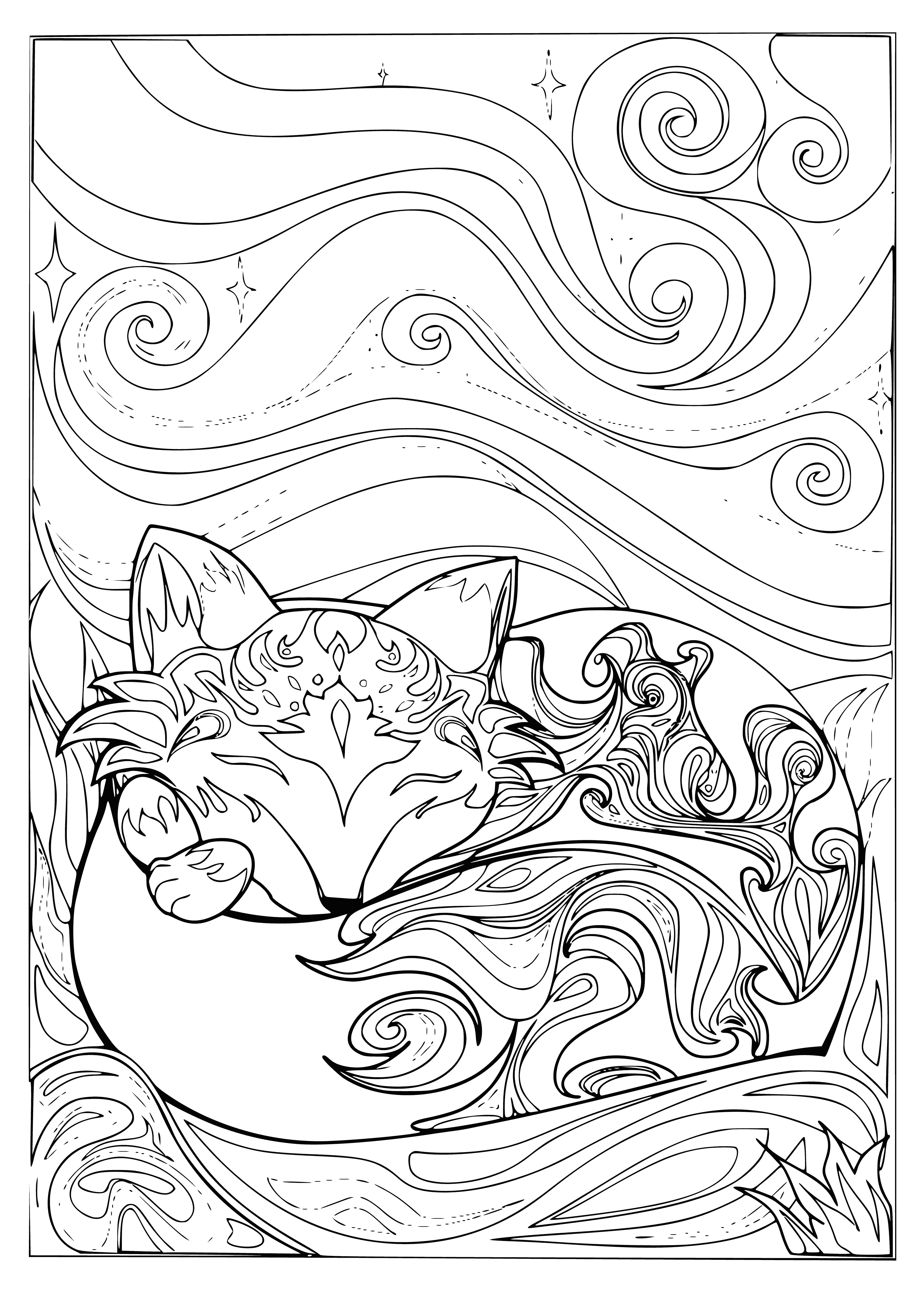 coloring page: A fox sleeps in a forest, resting its head on a paw. It's brown and white.