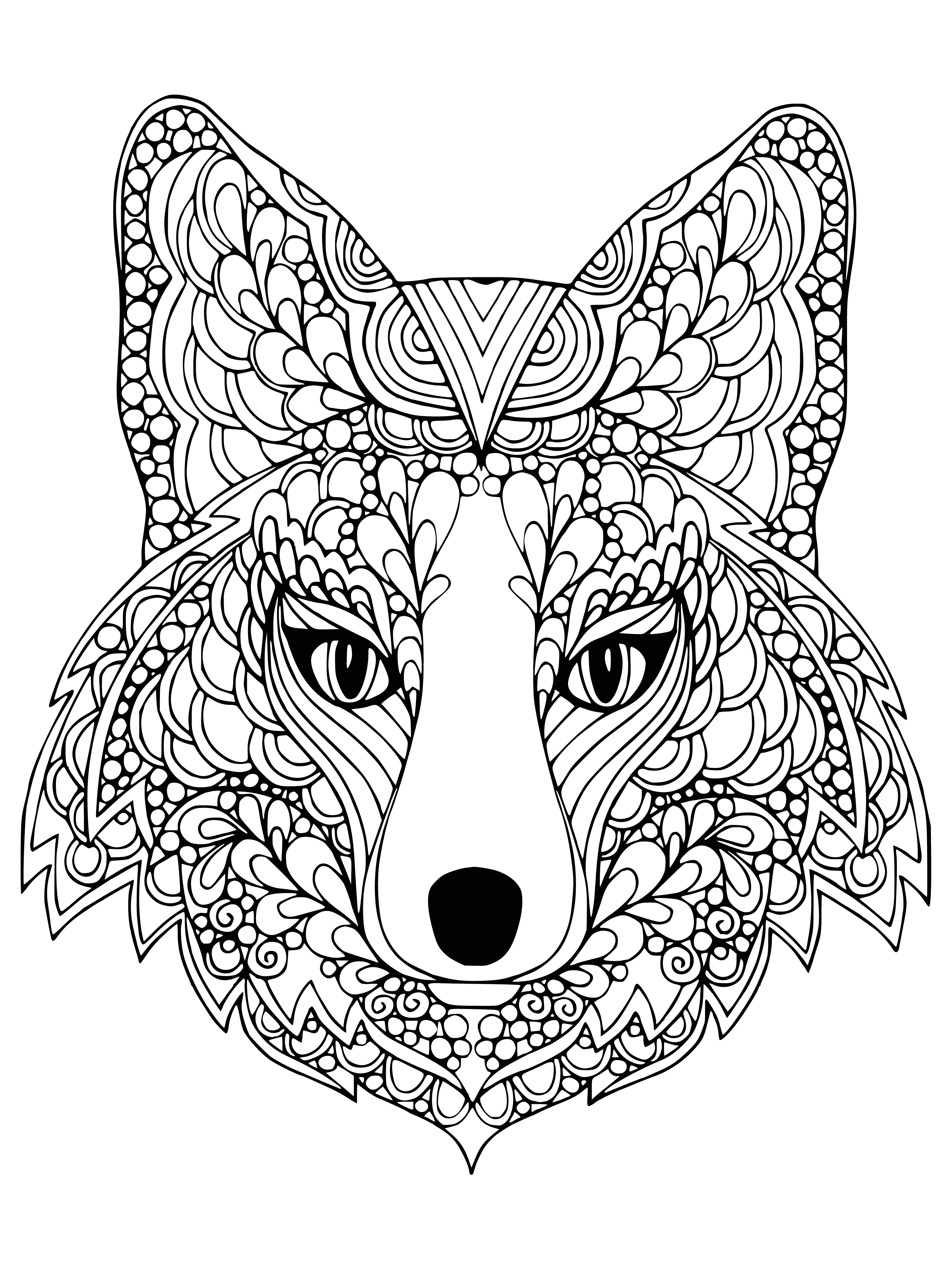 coloring page: Fox admires the sky, pointy ears, long nose, light brown body, white belly and long, fluffy brown tail.
